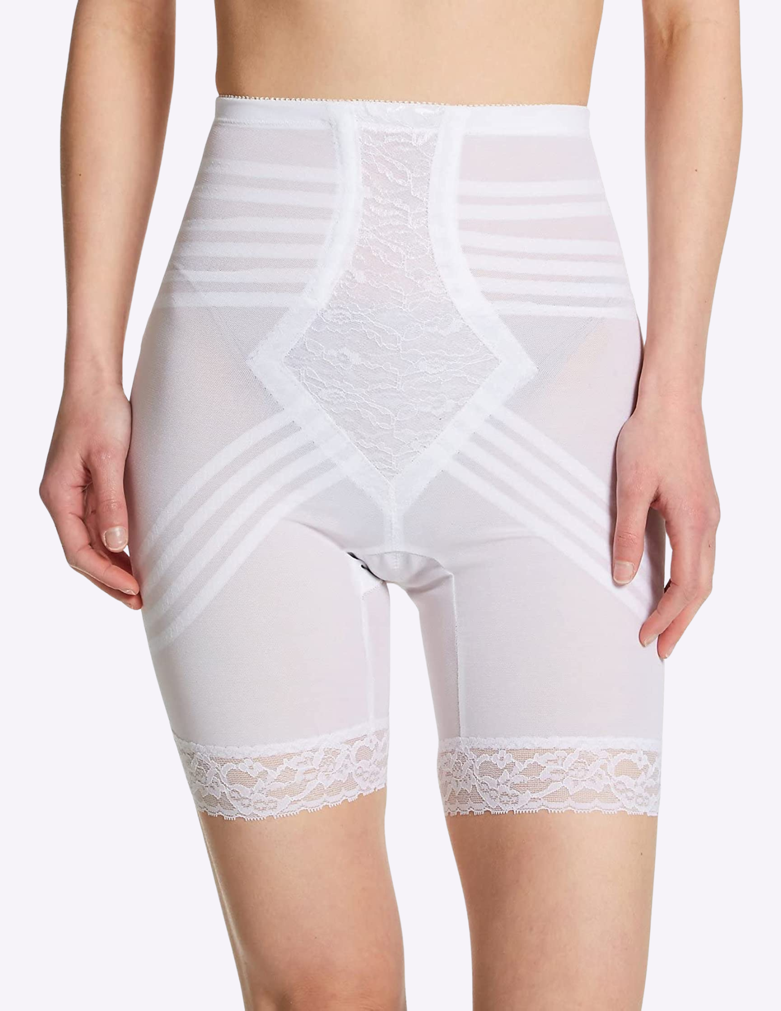 Front view of model wearing white rago 6209 thigh slimmer