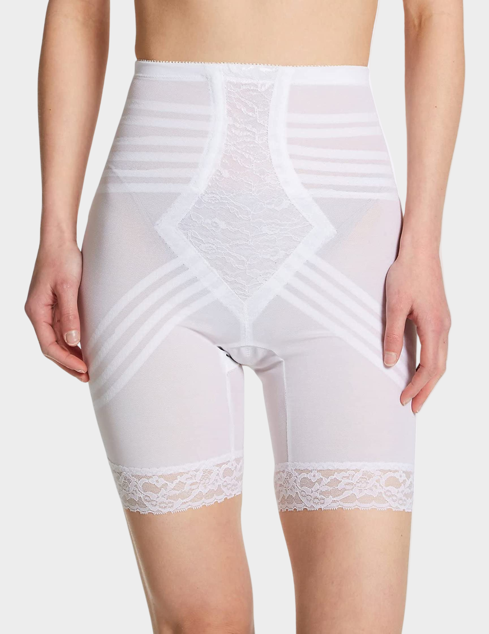 Front view of model wearing white rago 6209 thigh slimmer