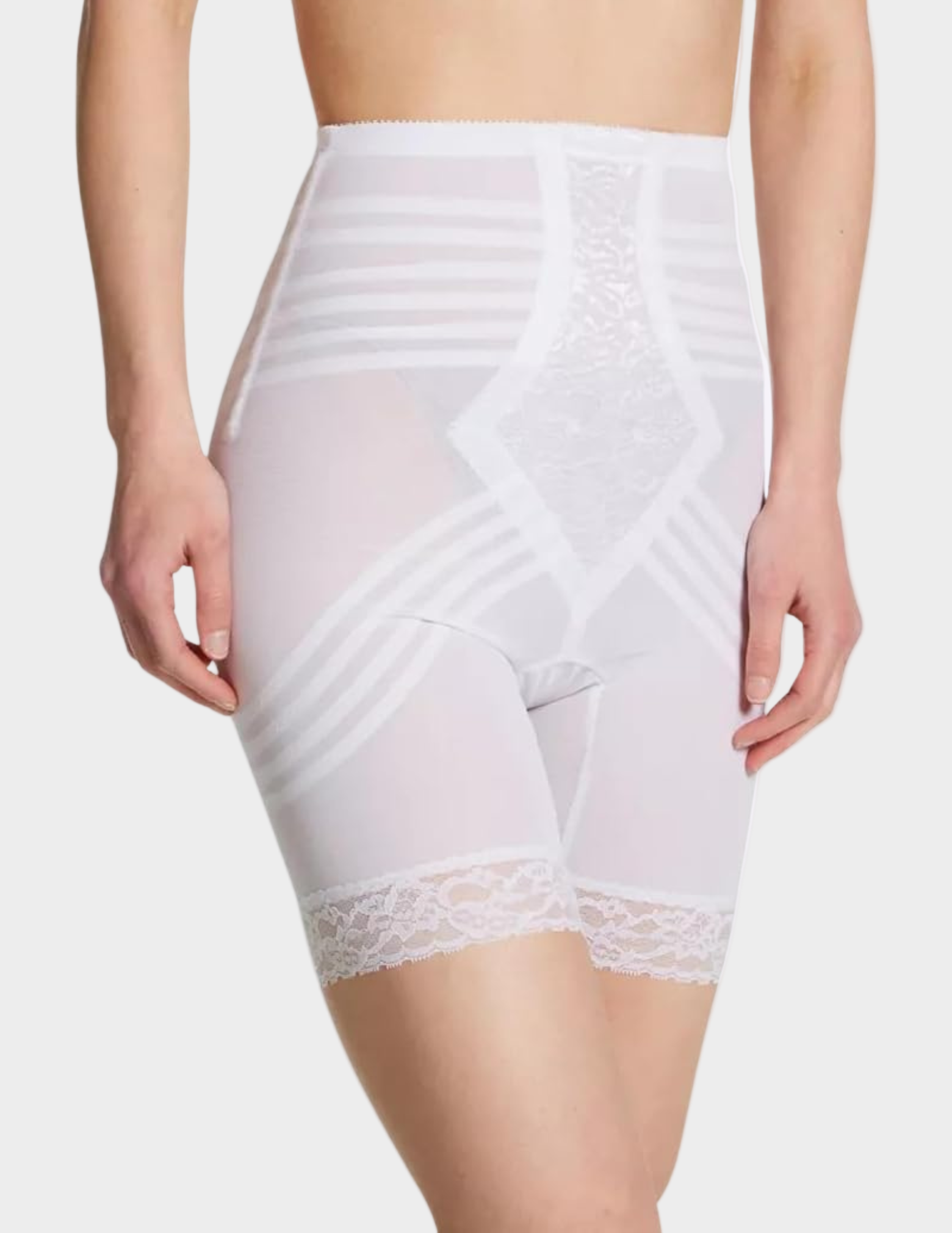 Side view of model wearing white rago 6209 thigh slimmer