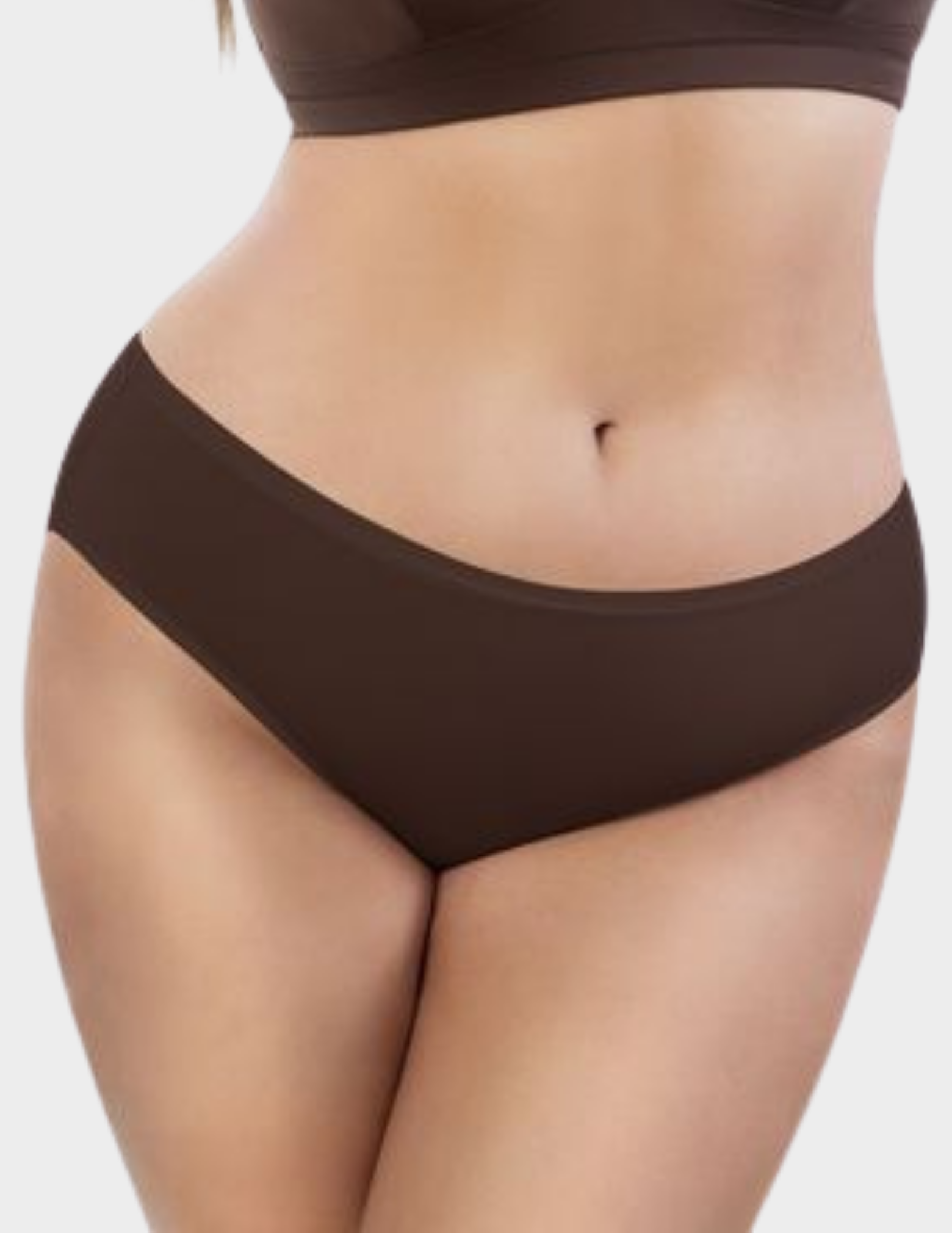 Front view of a model wearing Parfait Cozy hipster panty in Deep Nude