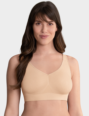 Front view of a model wearing Anita Lotta post mastectomy bra in color Desert