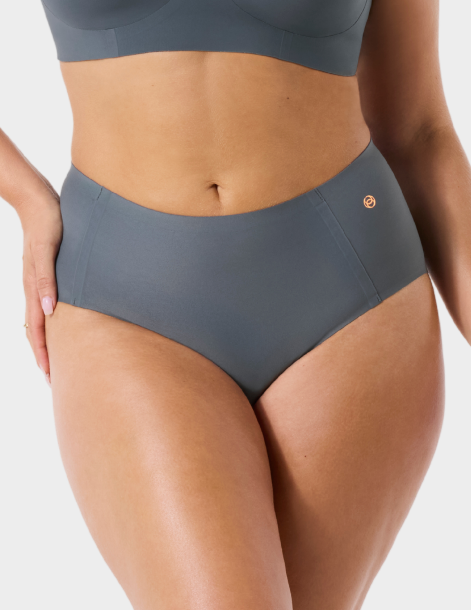 Front view of a model wearing Evelyn & Bobbie high waist brief in Slate Grey