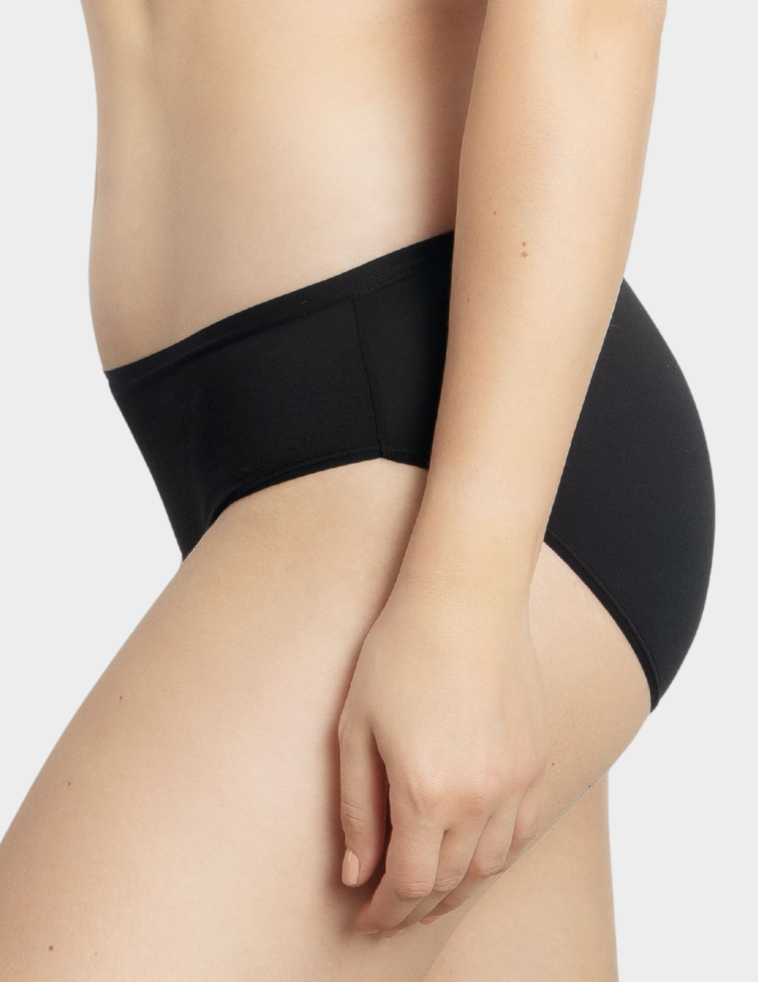 Side view of a model wearing Parfait Cozy hipster panty in Black