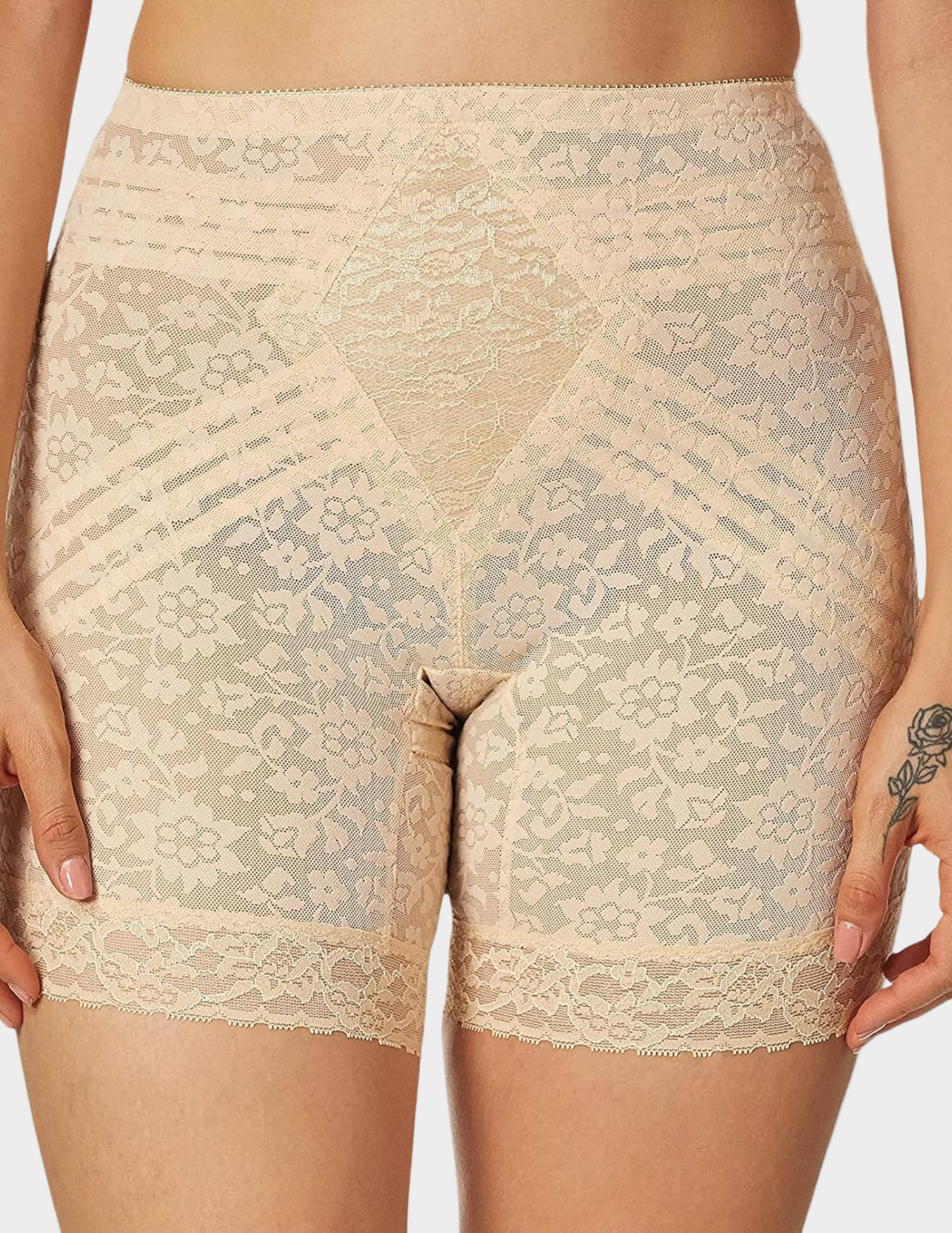 Front view of a model wearing Rago 6797 beige shaping shorts