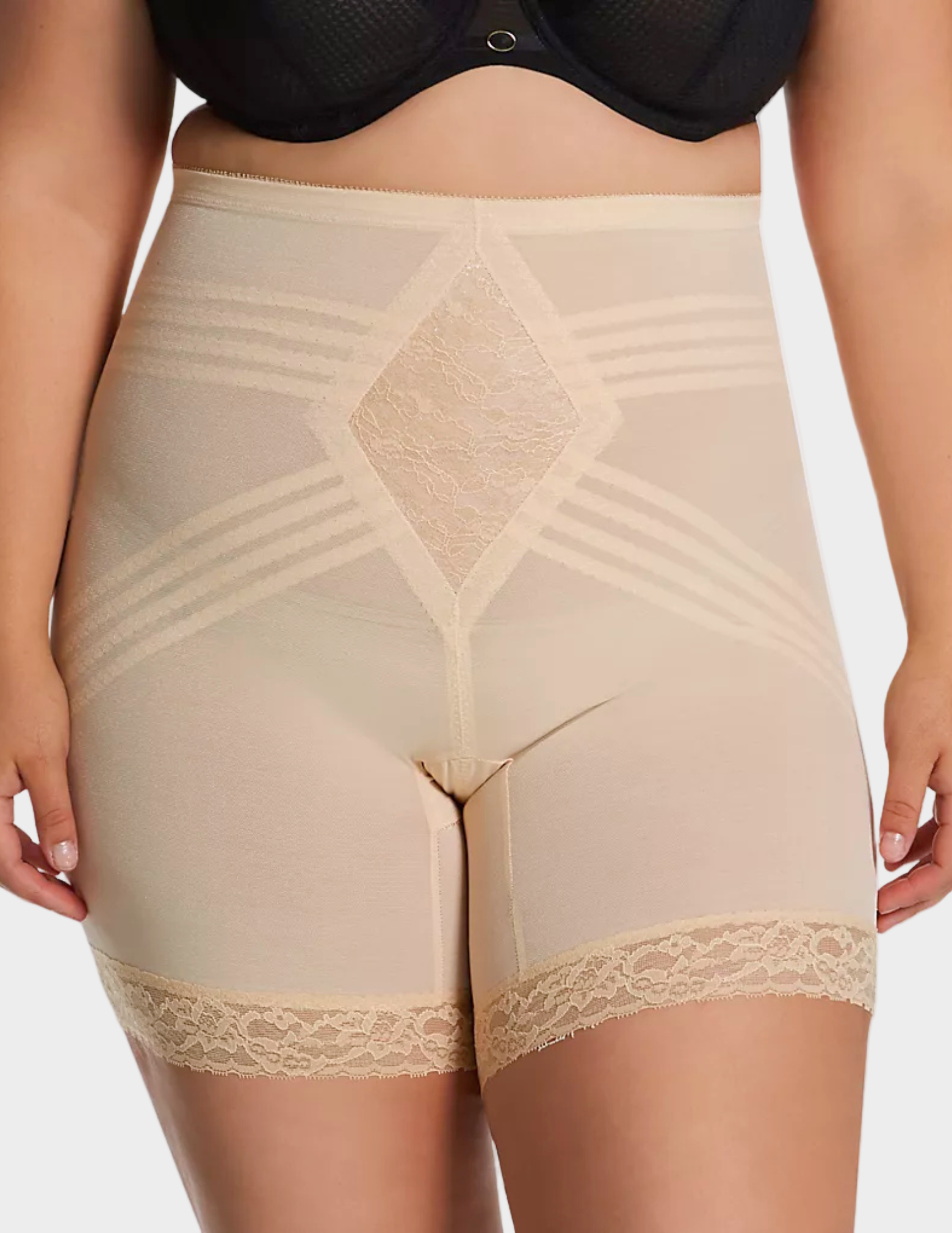 Front view of plus-size model wearing Beige Rago Shapette Long Leg Shaper