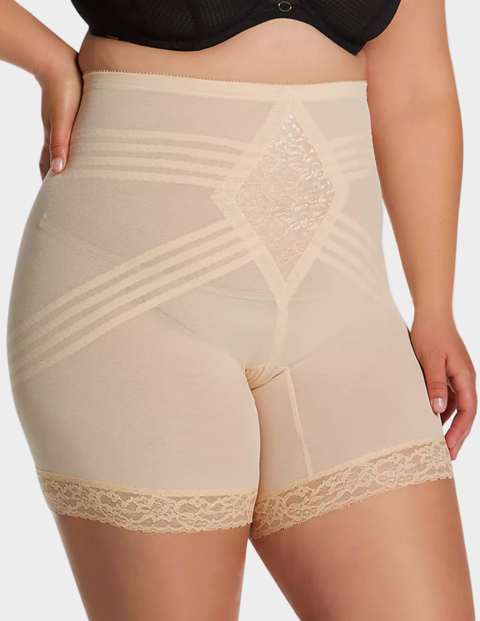 Side view of plus-size model wearing Beige Rago Shapette Long Leg Shaper