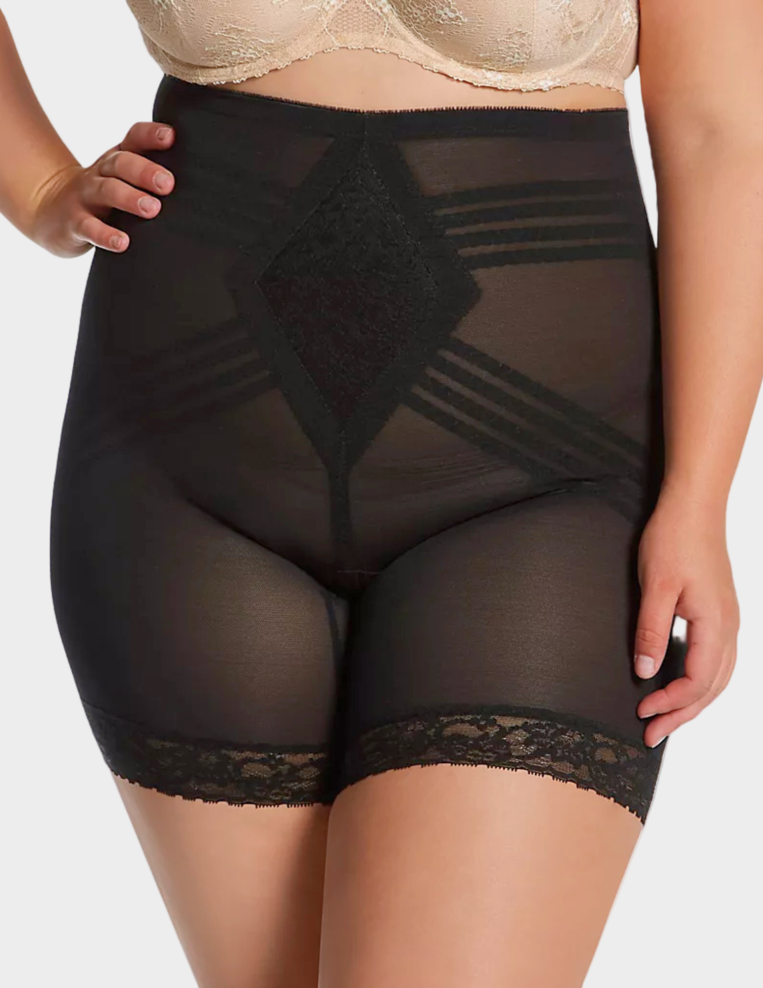 Front view of plus-size model wearing black Rago Shapette Long Leg Shaper