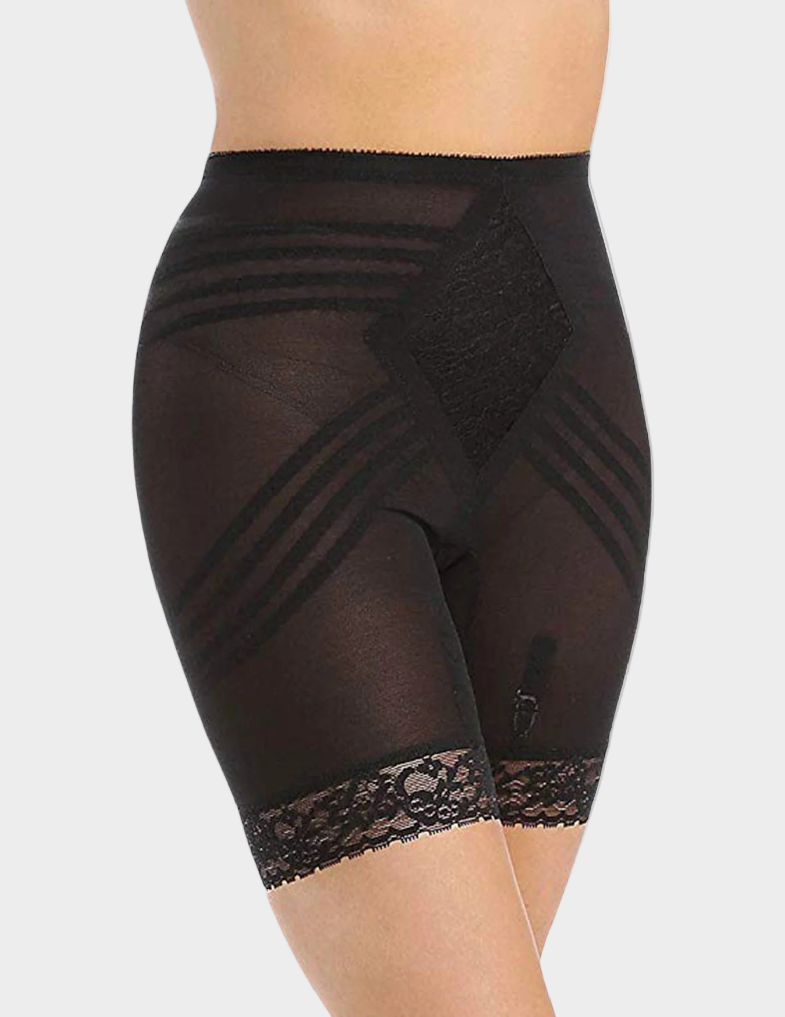 Side view of model wearing black Rago Shapette Long Leg Shaper