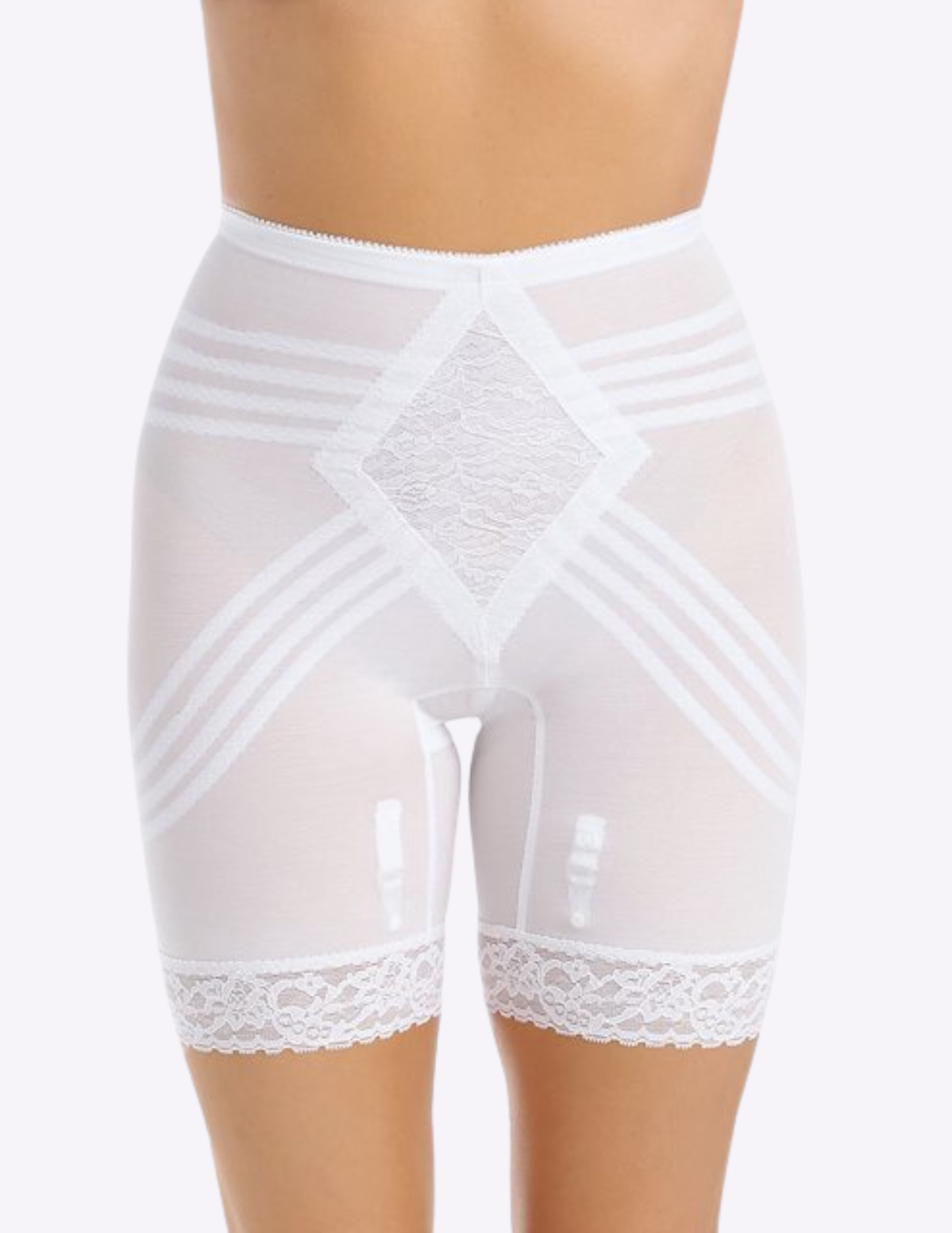 Front view of model wearing White Rago Long Leg Shaper