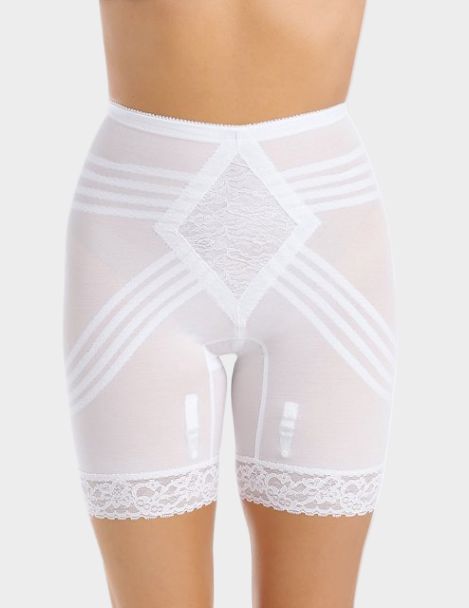 Front view of model wearing White Rago Long Leg Shaper