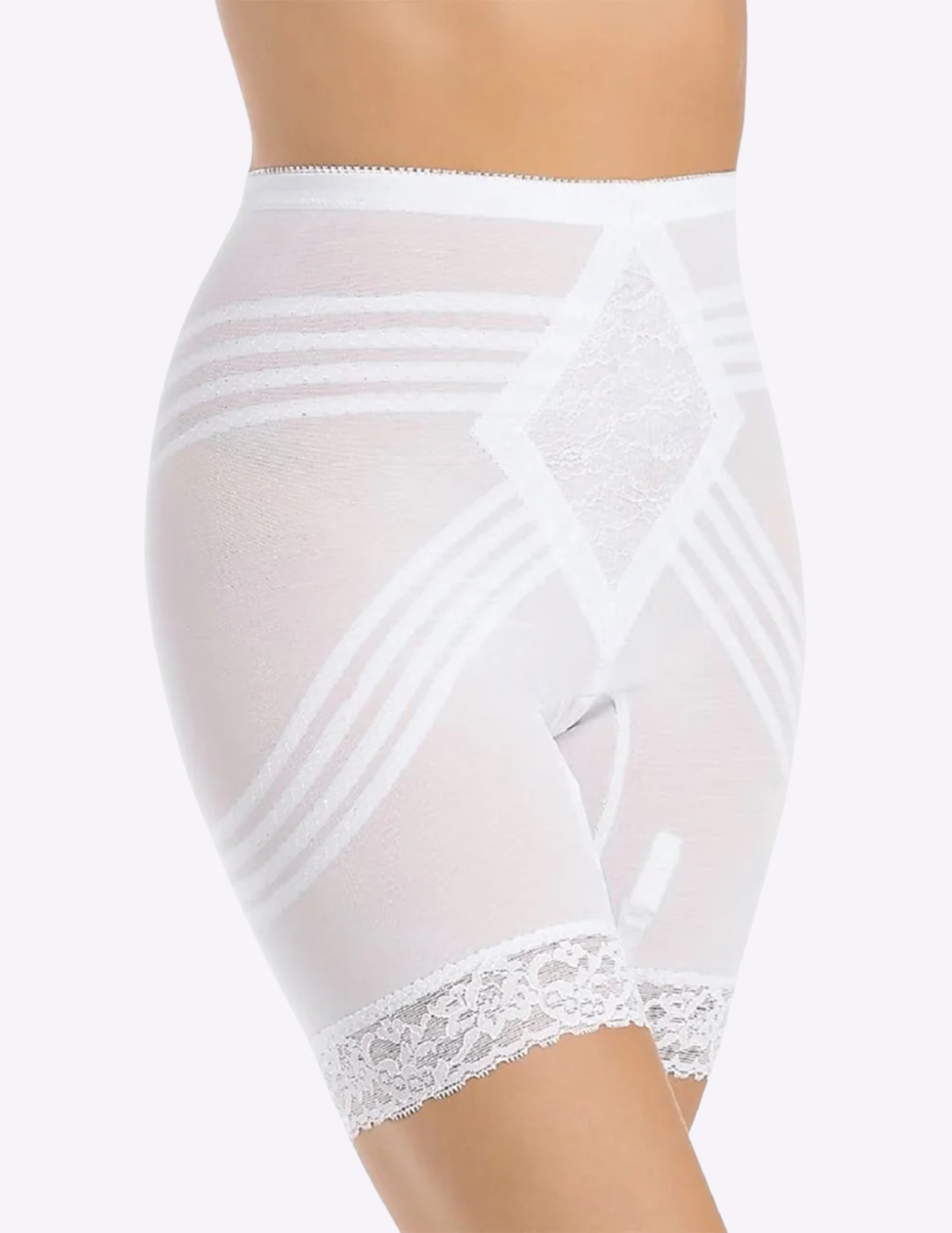 Side view of model wearing White Rago Long Leg Shaper