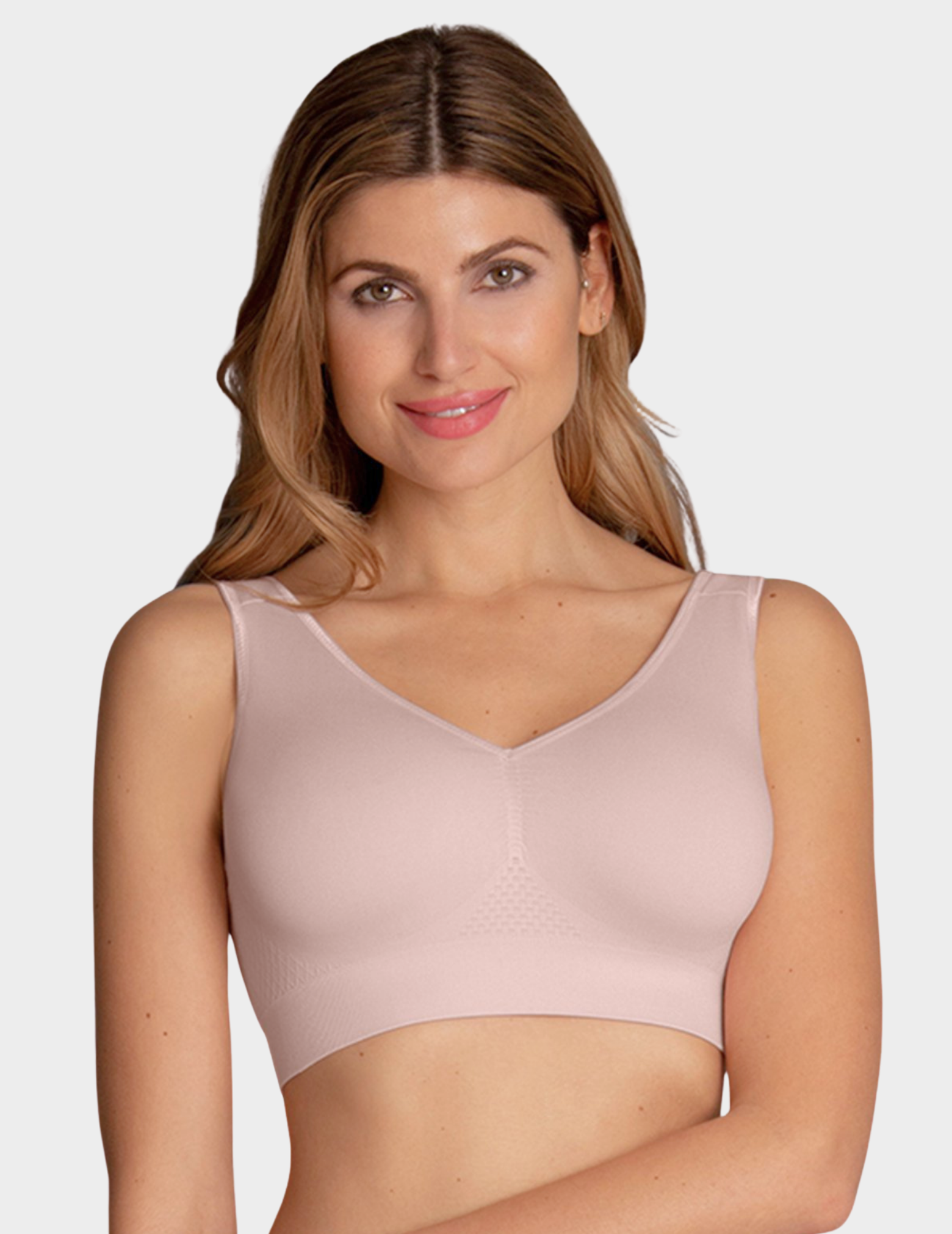 Front view of a model wearing Anita Lotta post mastectomy bra in color Lotus