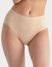 Front view of a model wearing Evelyn & Bobbie high waist brief in Sand