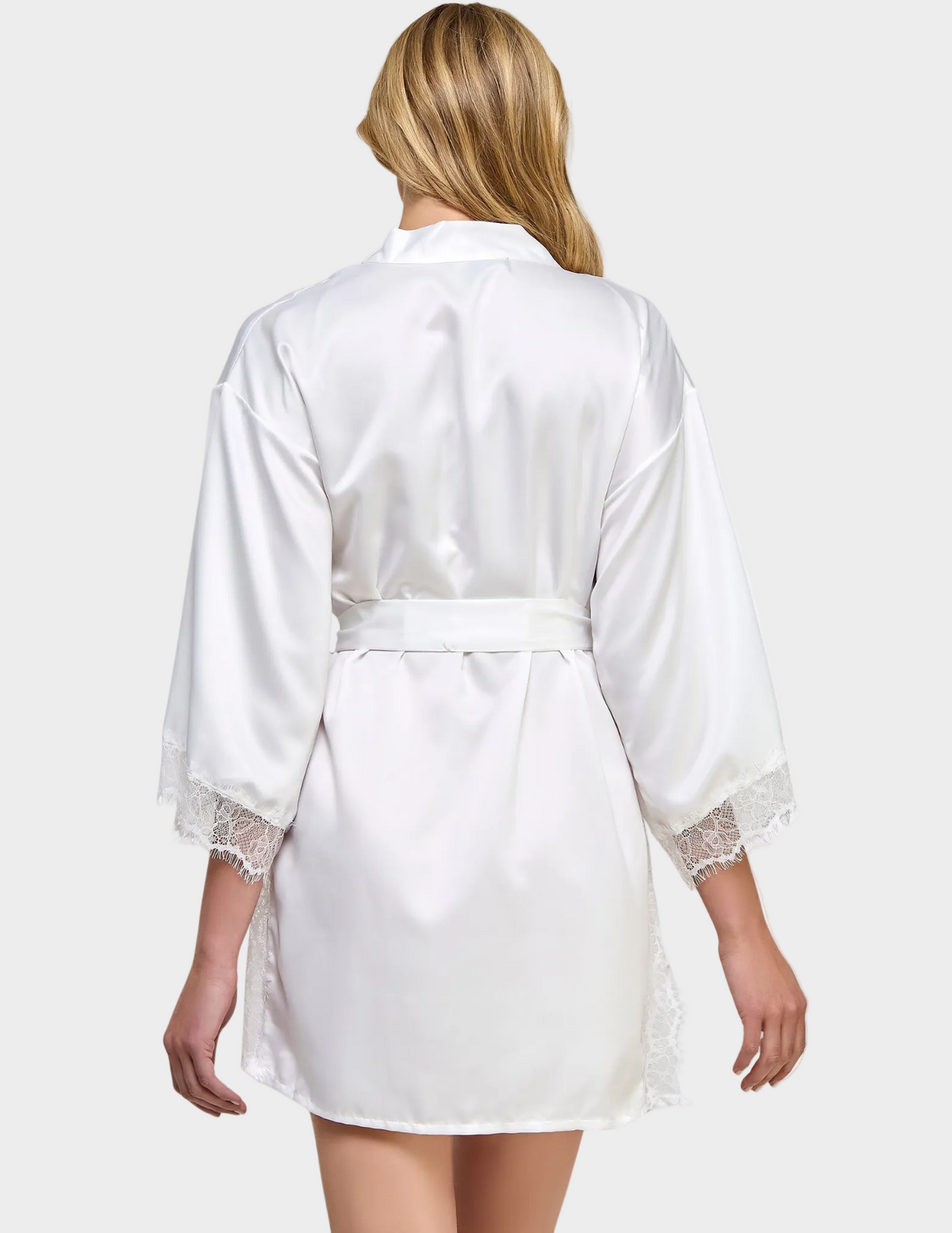 Back view of a model wearing a white satin robe with lace trim