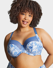 Front view of a model wearing Sculptresse Bliss bra in Blue Floral