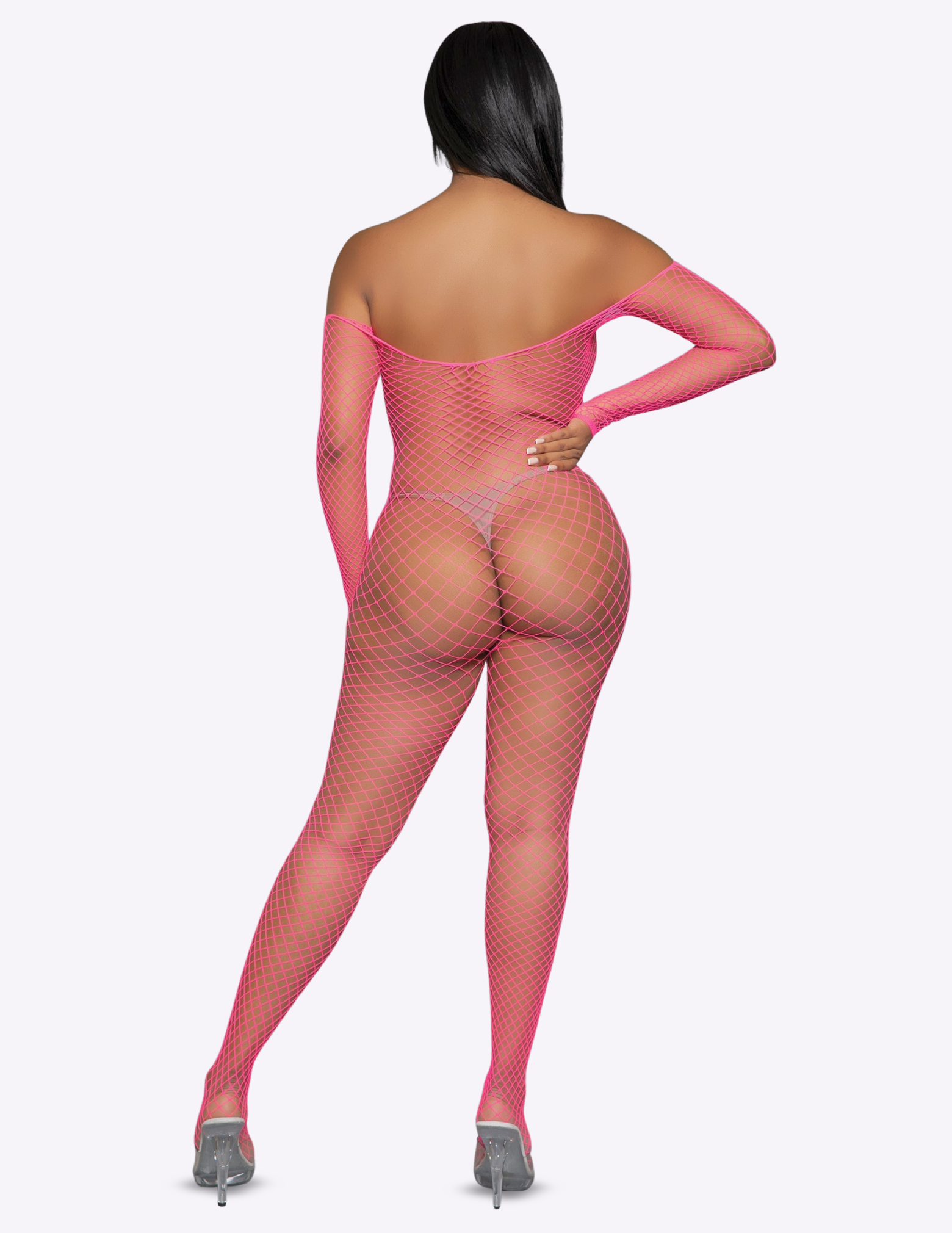 Person wearing a pink fishnet outfit on a white background