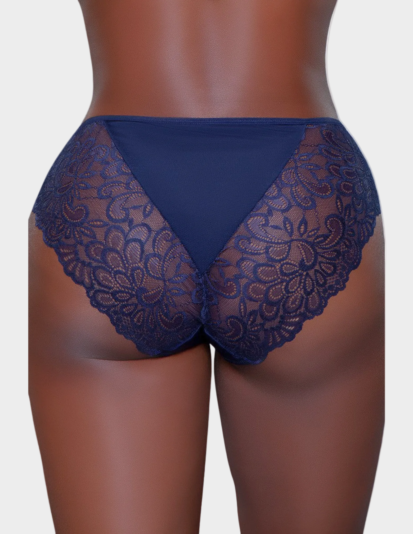 Back view of a model wearing navy blue lace underwear