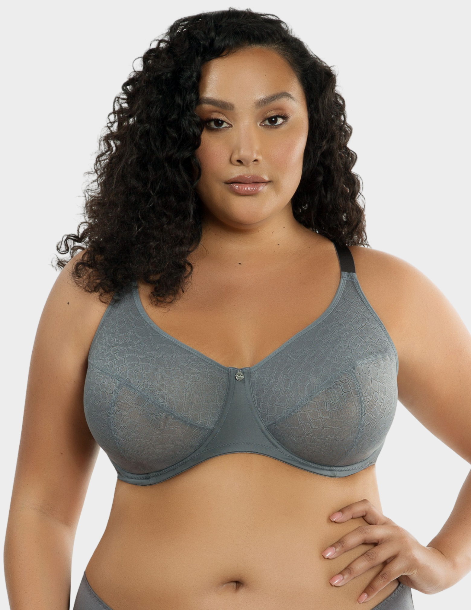 Front view of a model wearing Parfait Enora minimizer bra in Charcoal