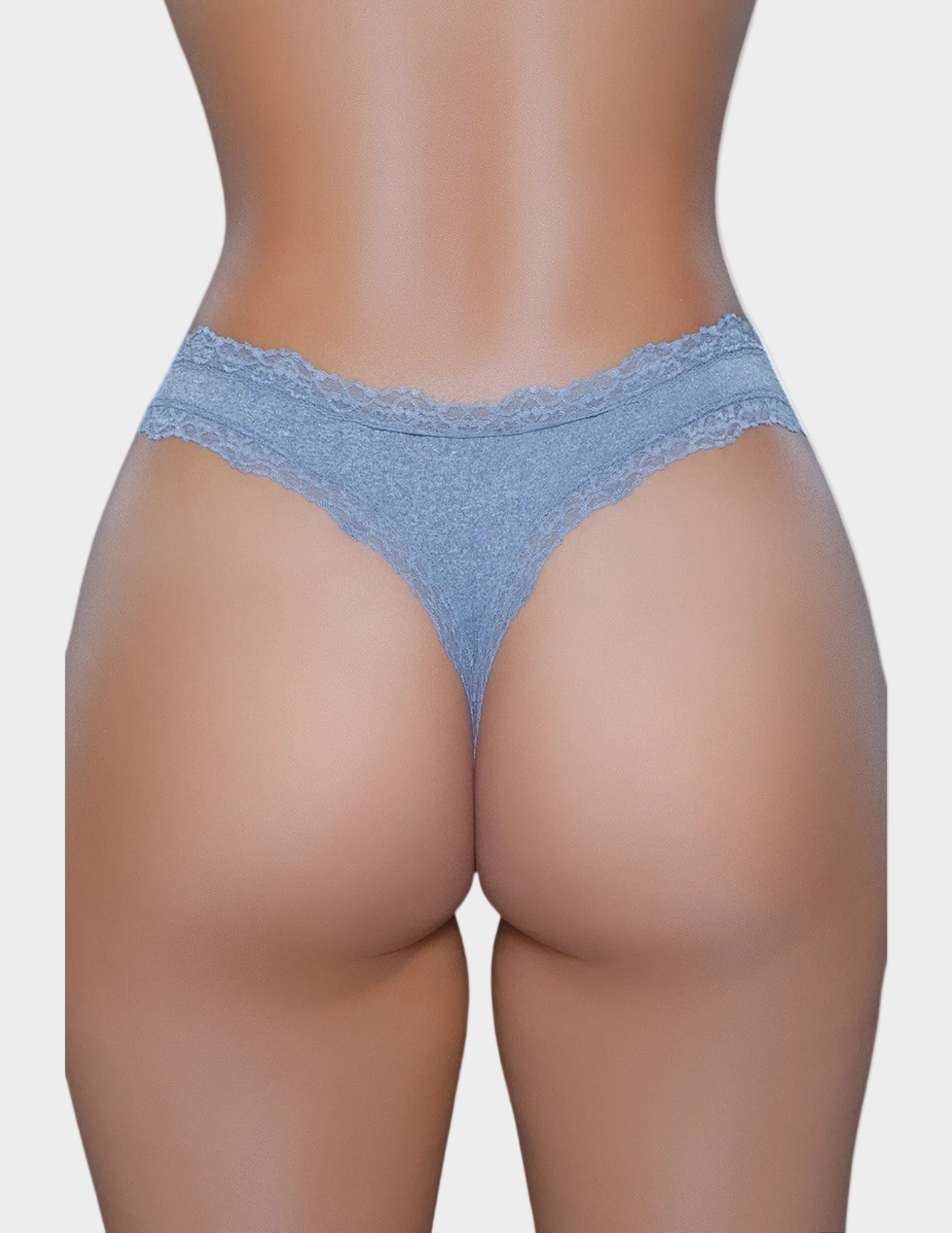 Back view of a model wearing a grey thong with lace trim