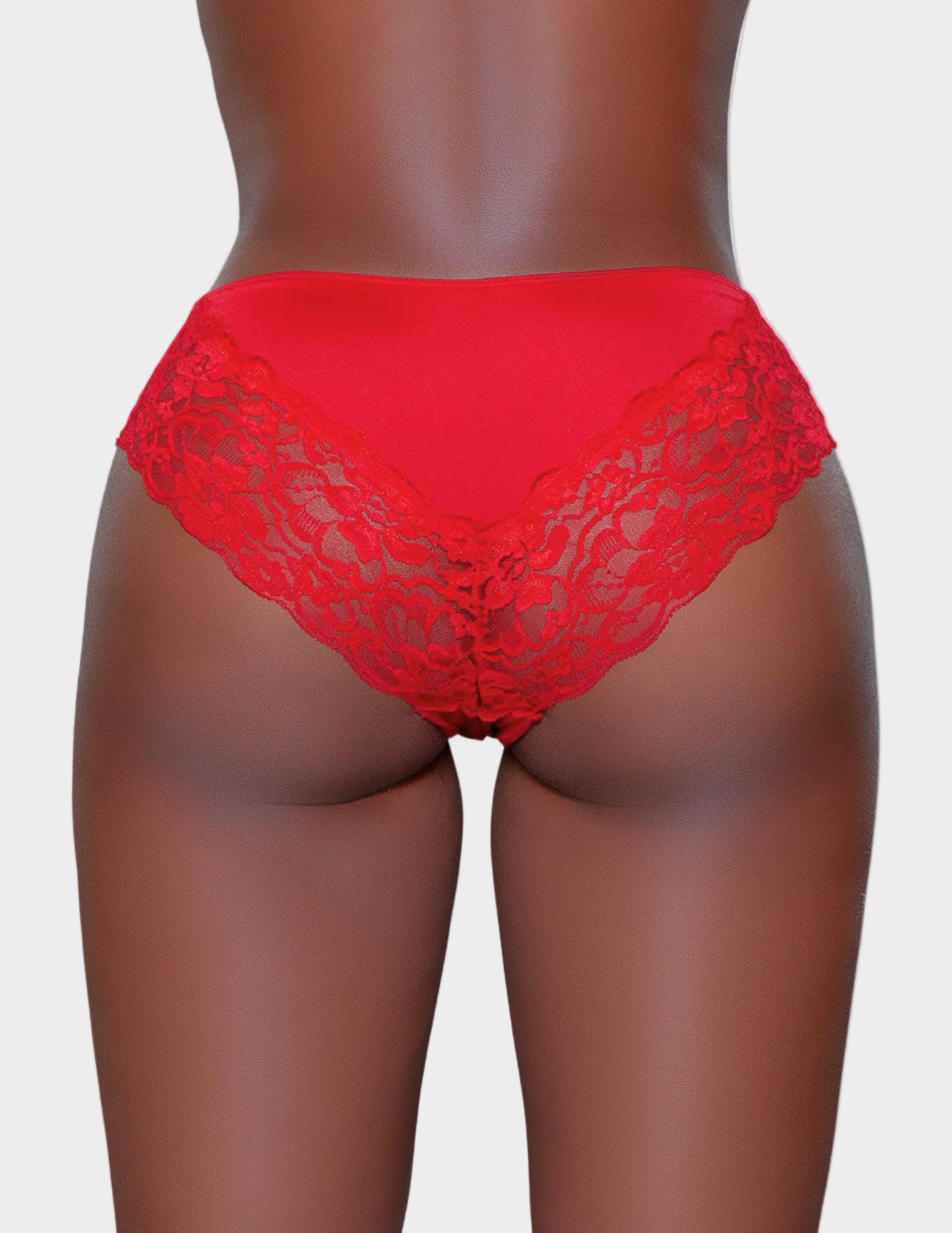 Back view of a model wearing red lace underwear