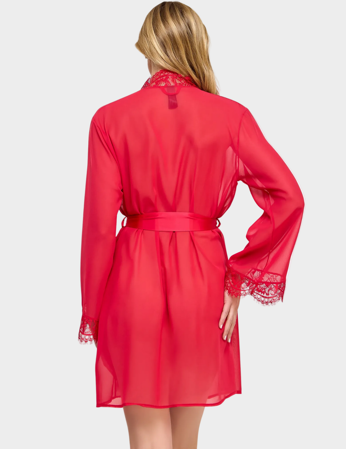 Back view of a model wearing a semi-sheer red robe with lace trim