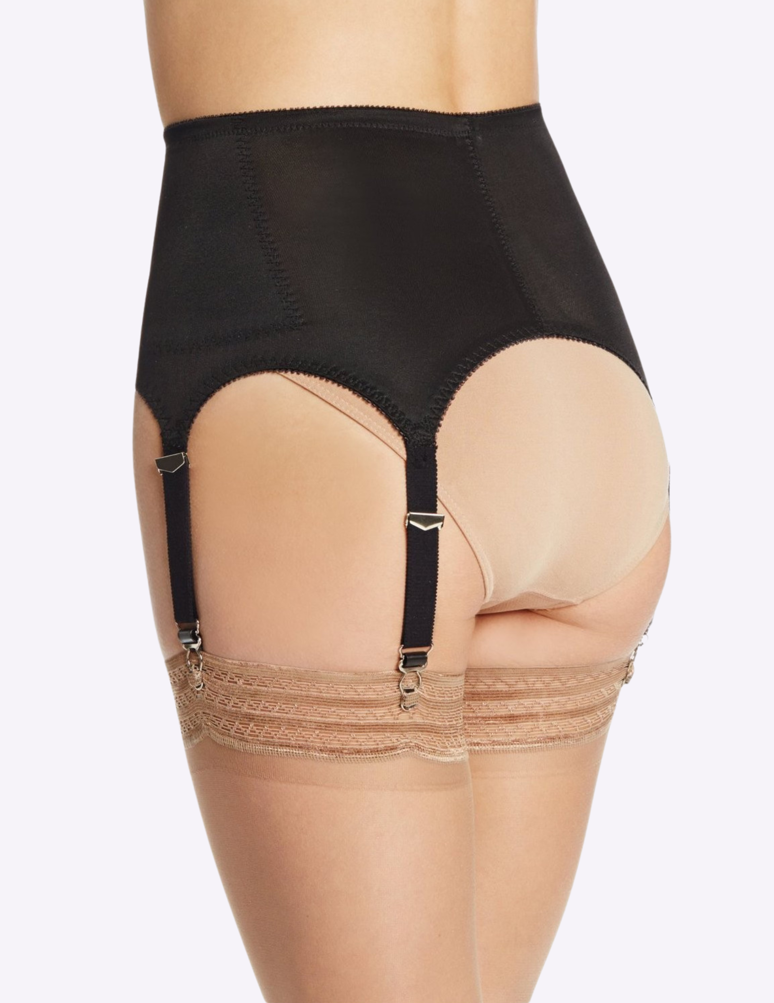 Back view of model wearing black rago garter belt