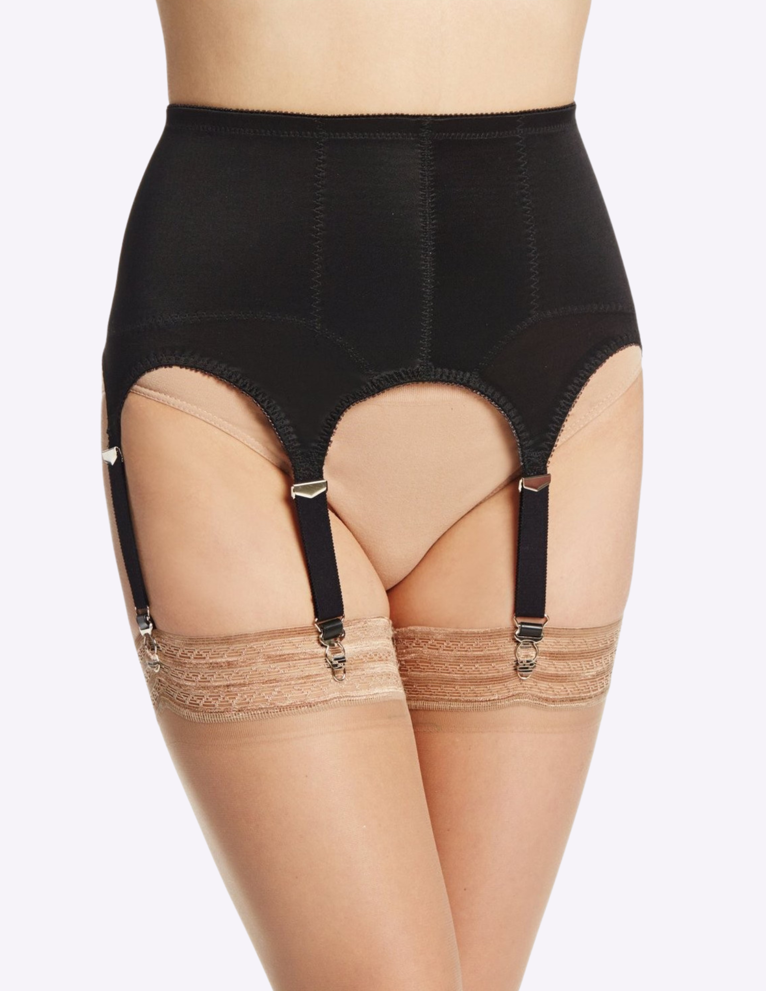 Front view of model wearing black rago garter belt