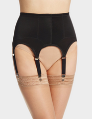 Front view of model wearing black rago garter belt