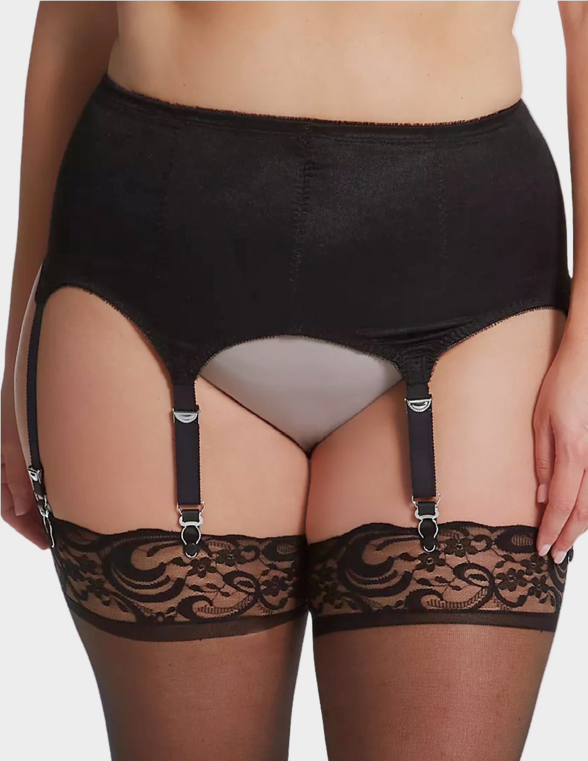 Front view of plus-size model wearing black rago garter belt