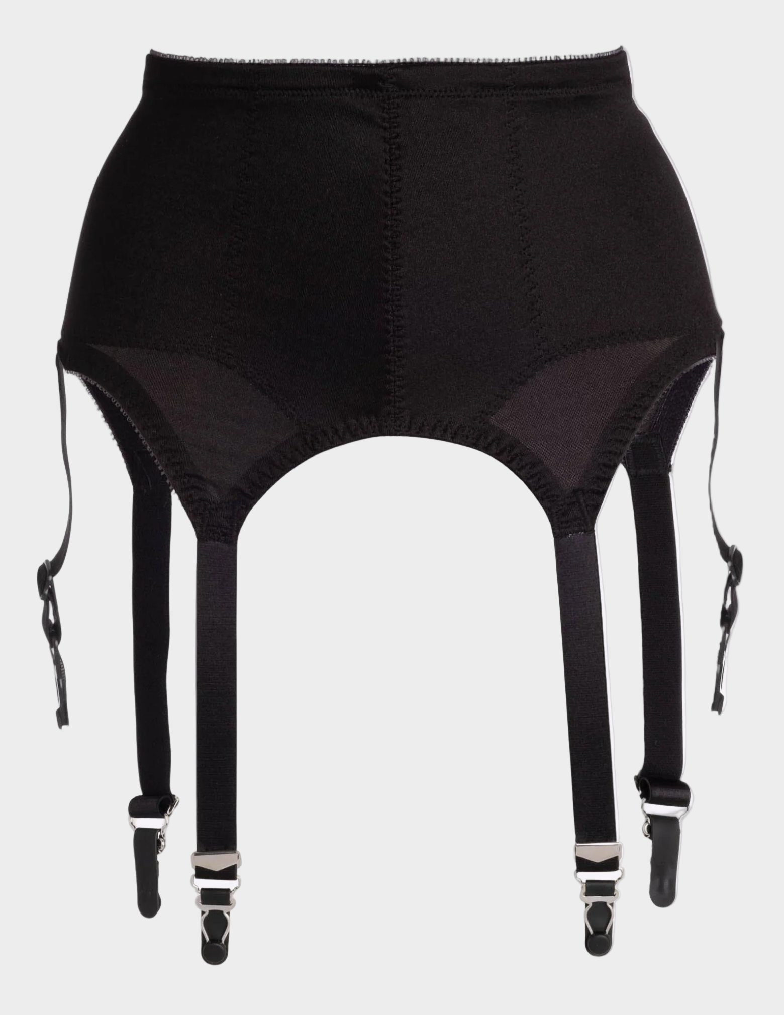 Front view of a black six strap garter belt on a white background