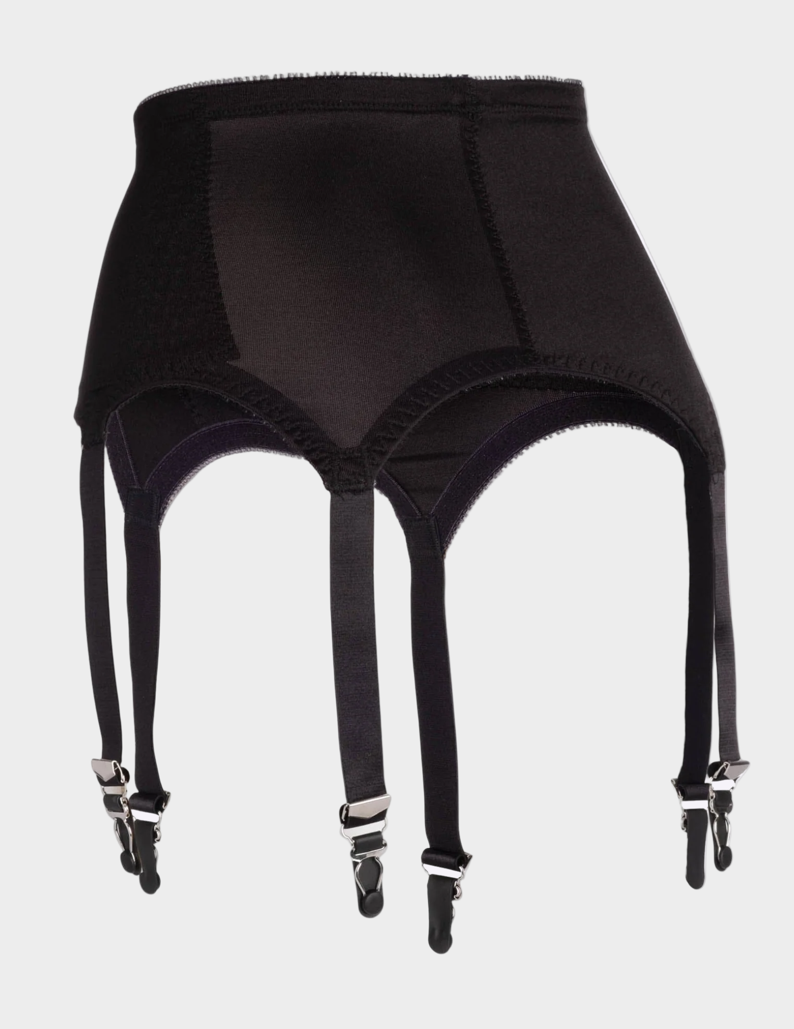 Side view of a black six strap garter belt on a white background