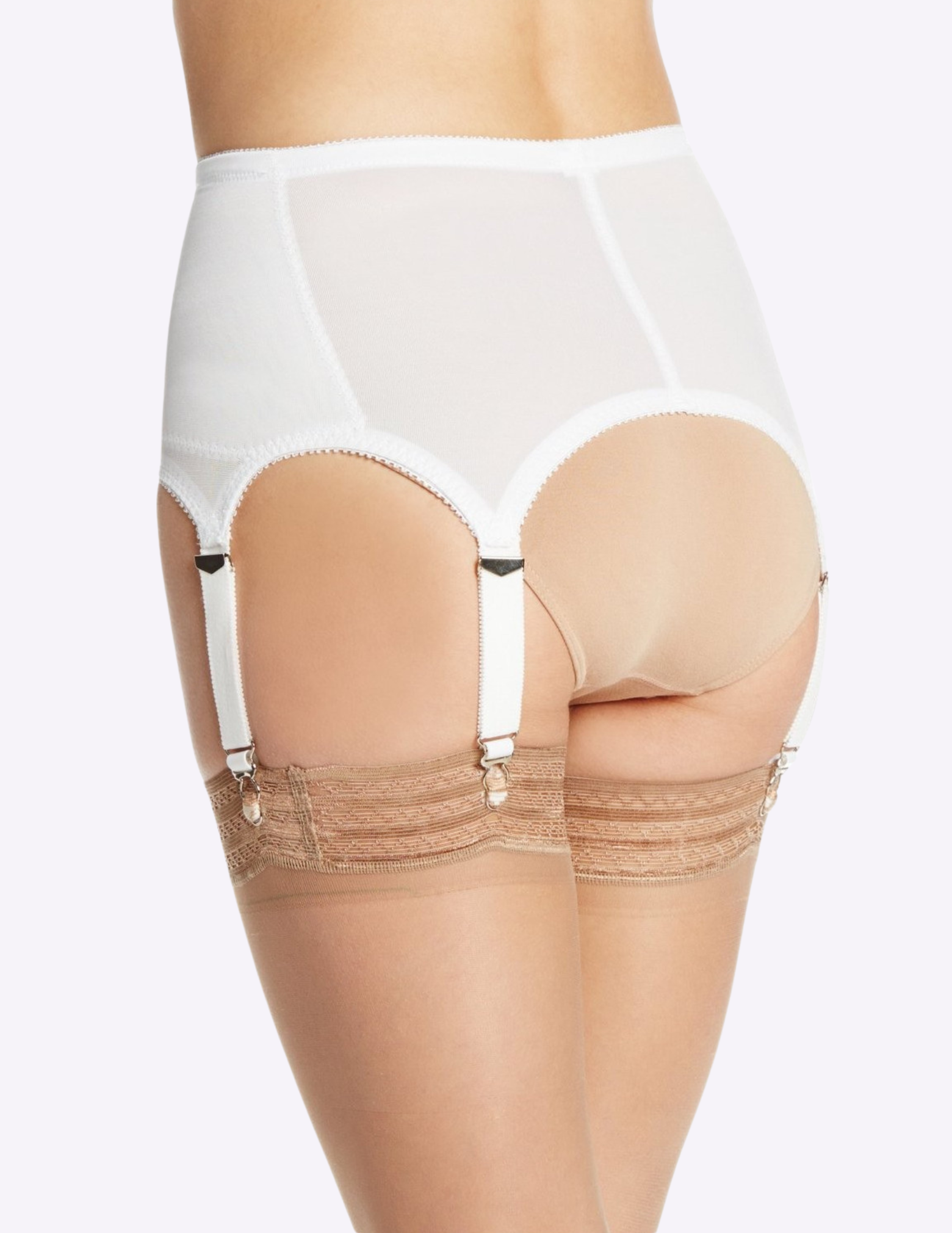 Back view of model wearing white rago garter belt