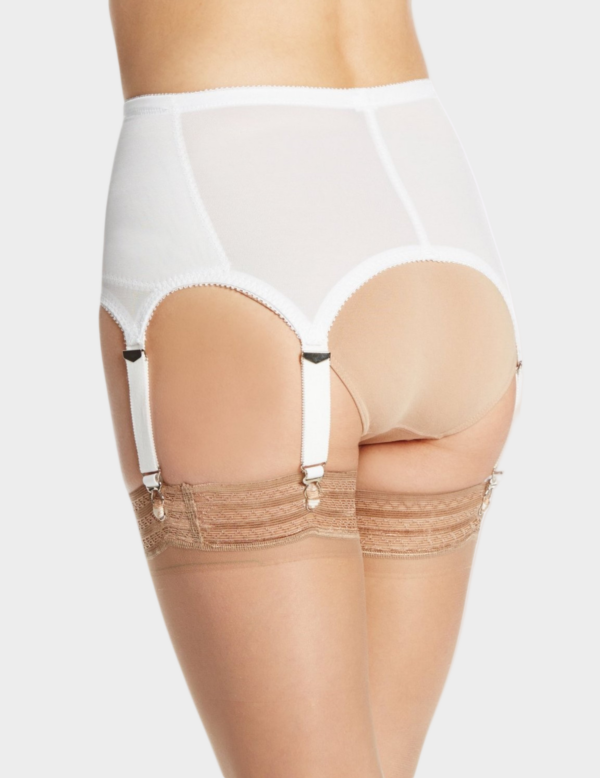 Back view of model wearing white rago garter belt