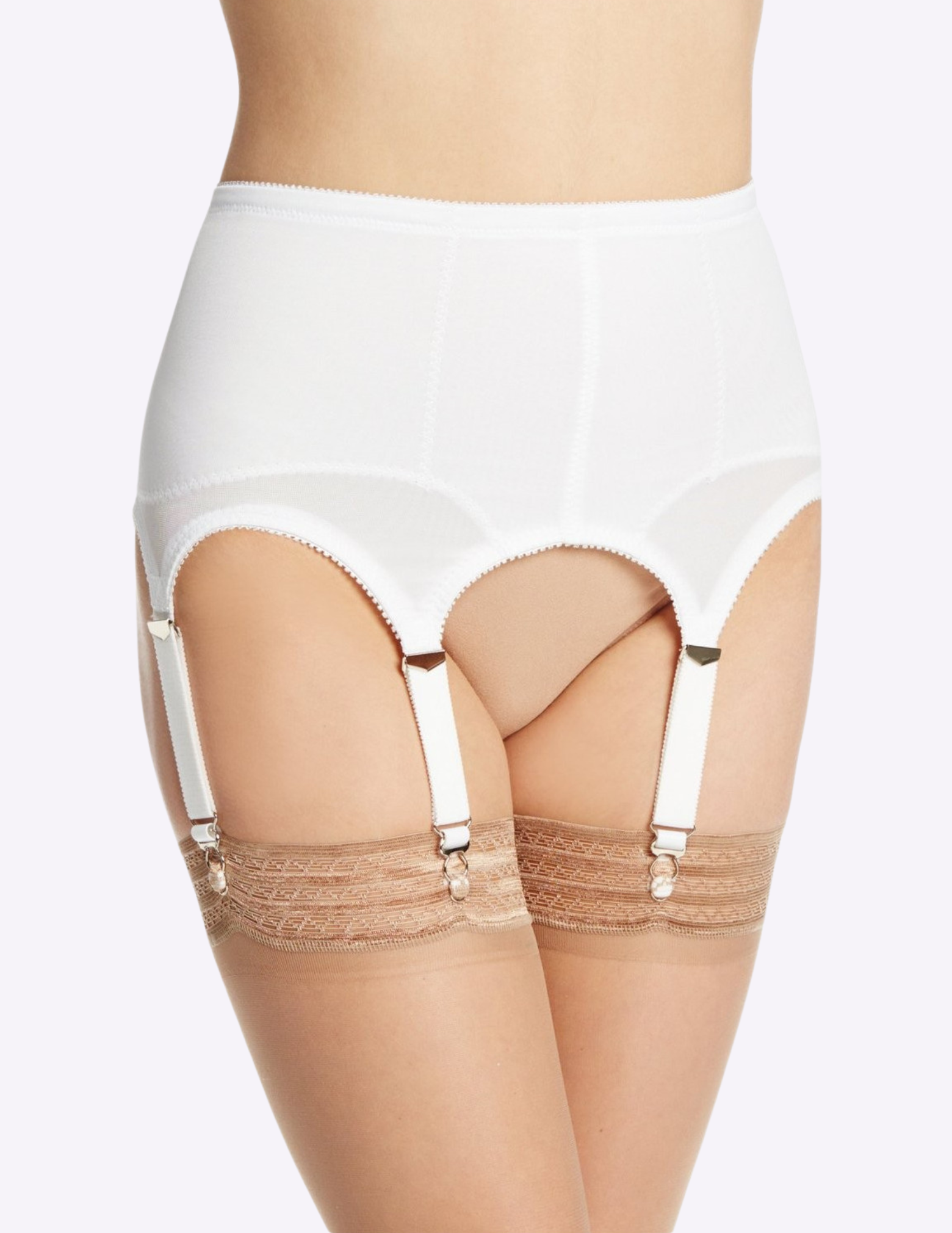 Front view of model wearing white rago garter belt