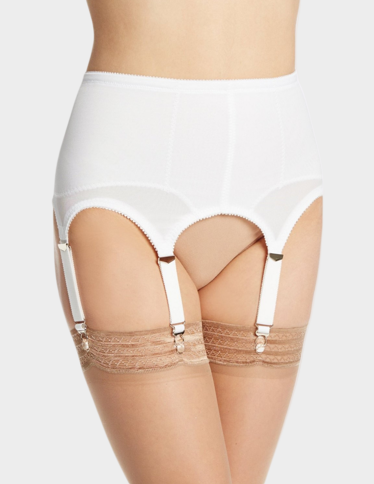 Front view of model wearing white rago garter belt