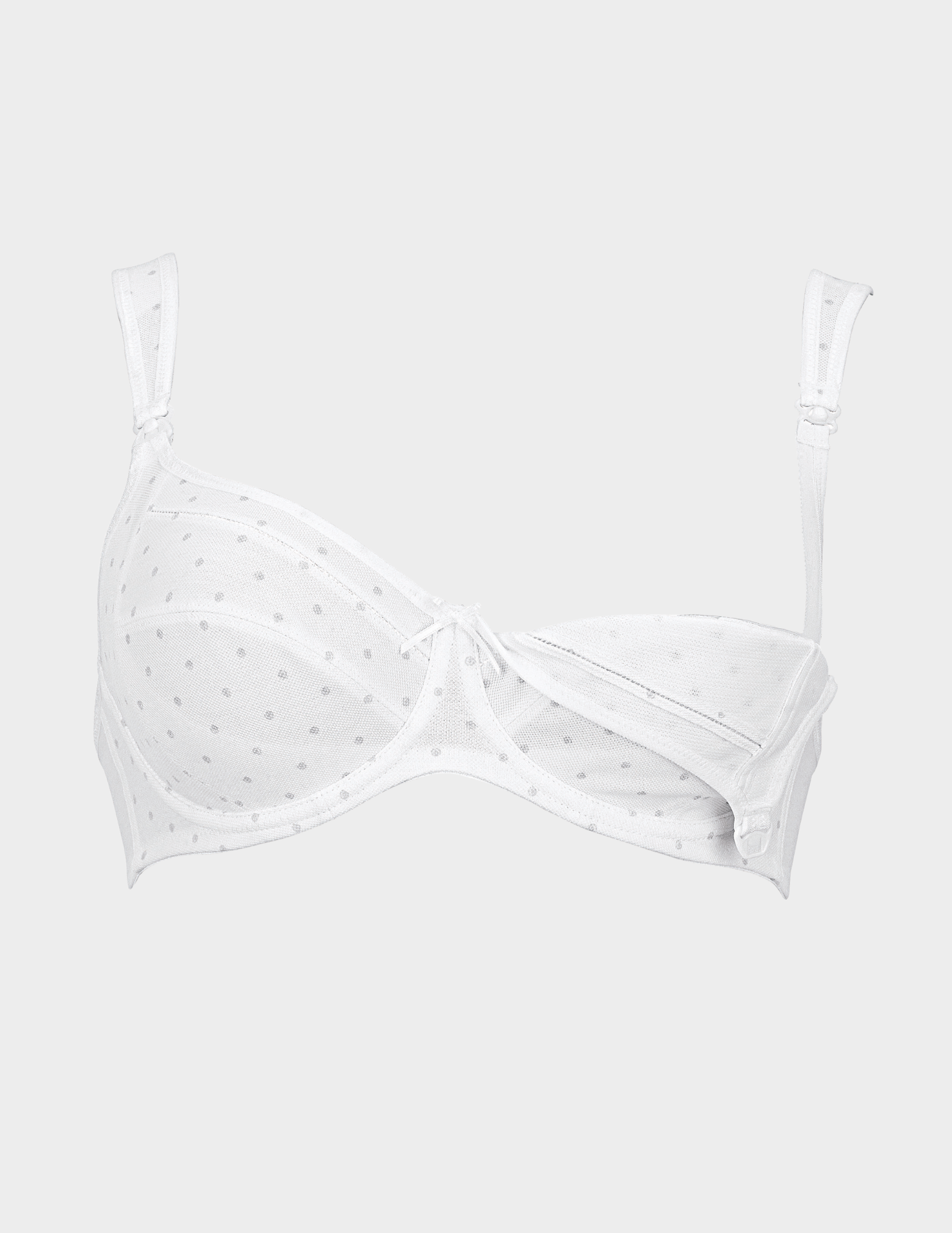 Front view of Miss Cotton nursing bra in pearl white with cup unhooked