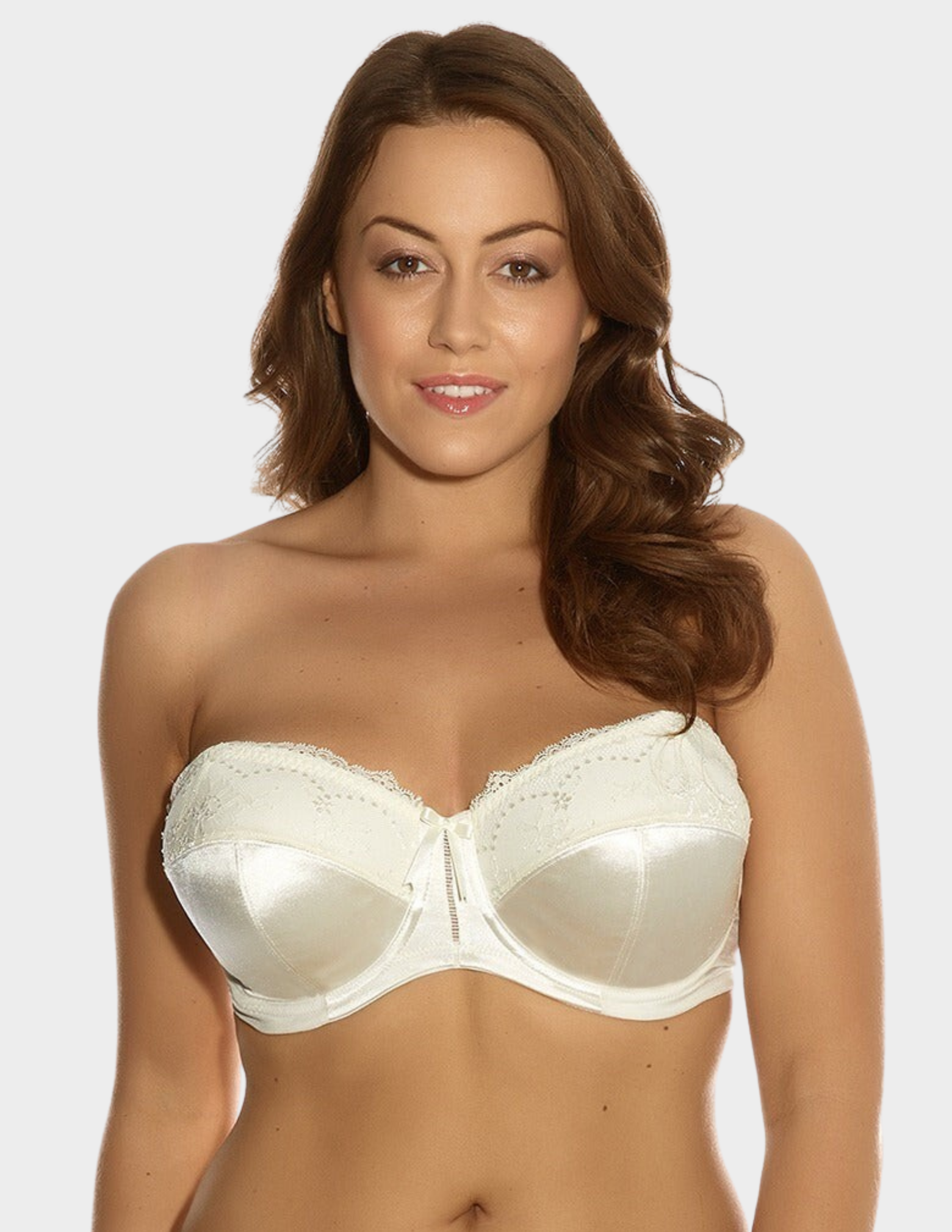 Front view of a model wearing Elomi Maria strapless bra in cream