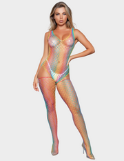 Front view of a model wearing a rainbow fishnet bodystocking set