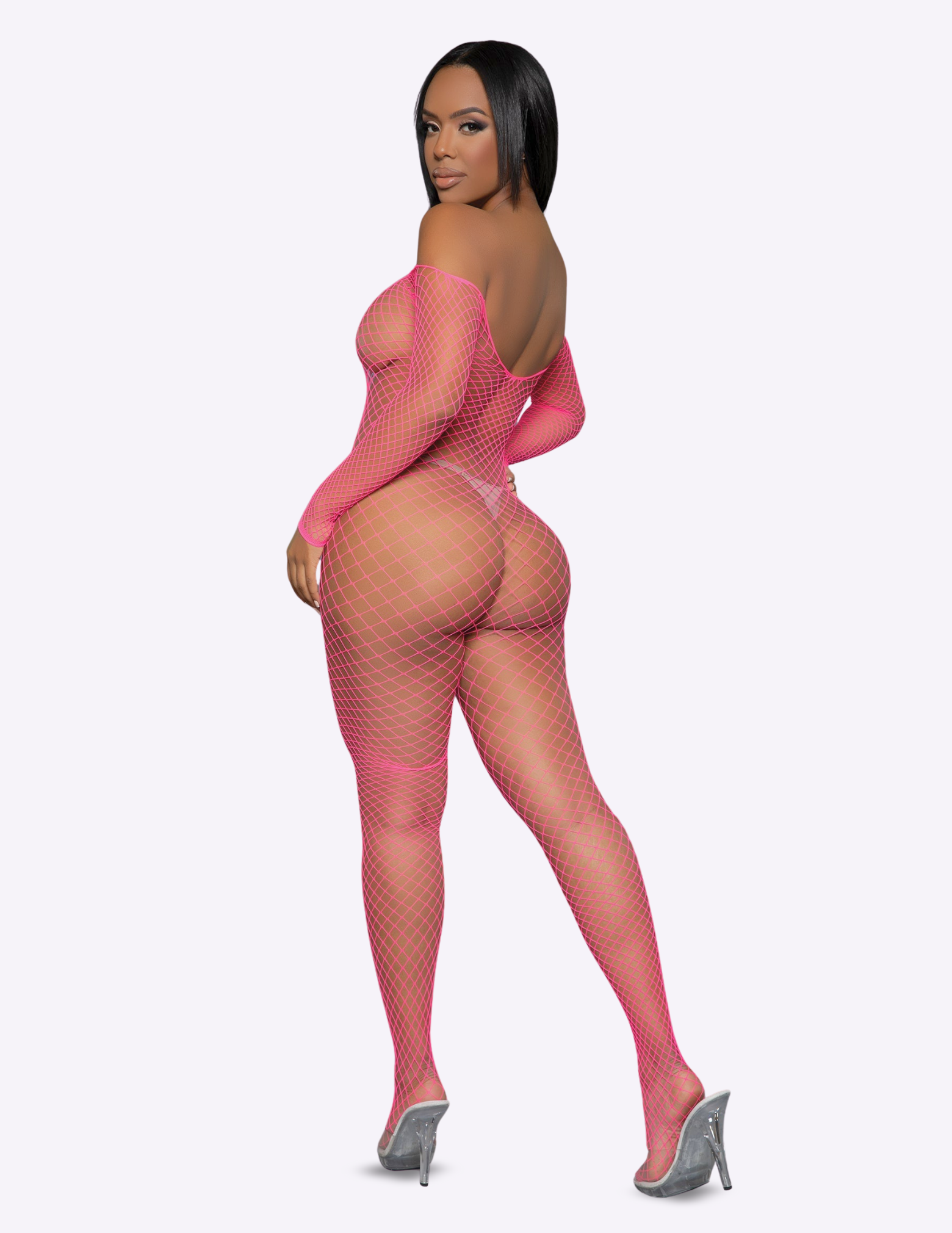 Model wearing a pink fishnet bodystocking with open back on a white background