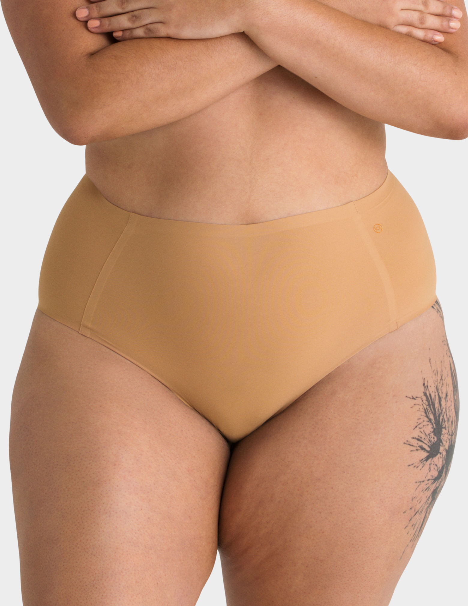 Front view of a model wearing Evelyn & Bobbie high waist brief in Mica