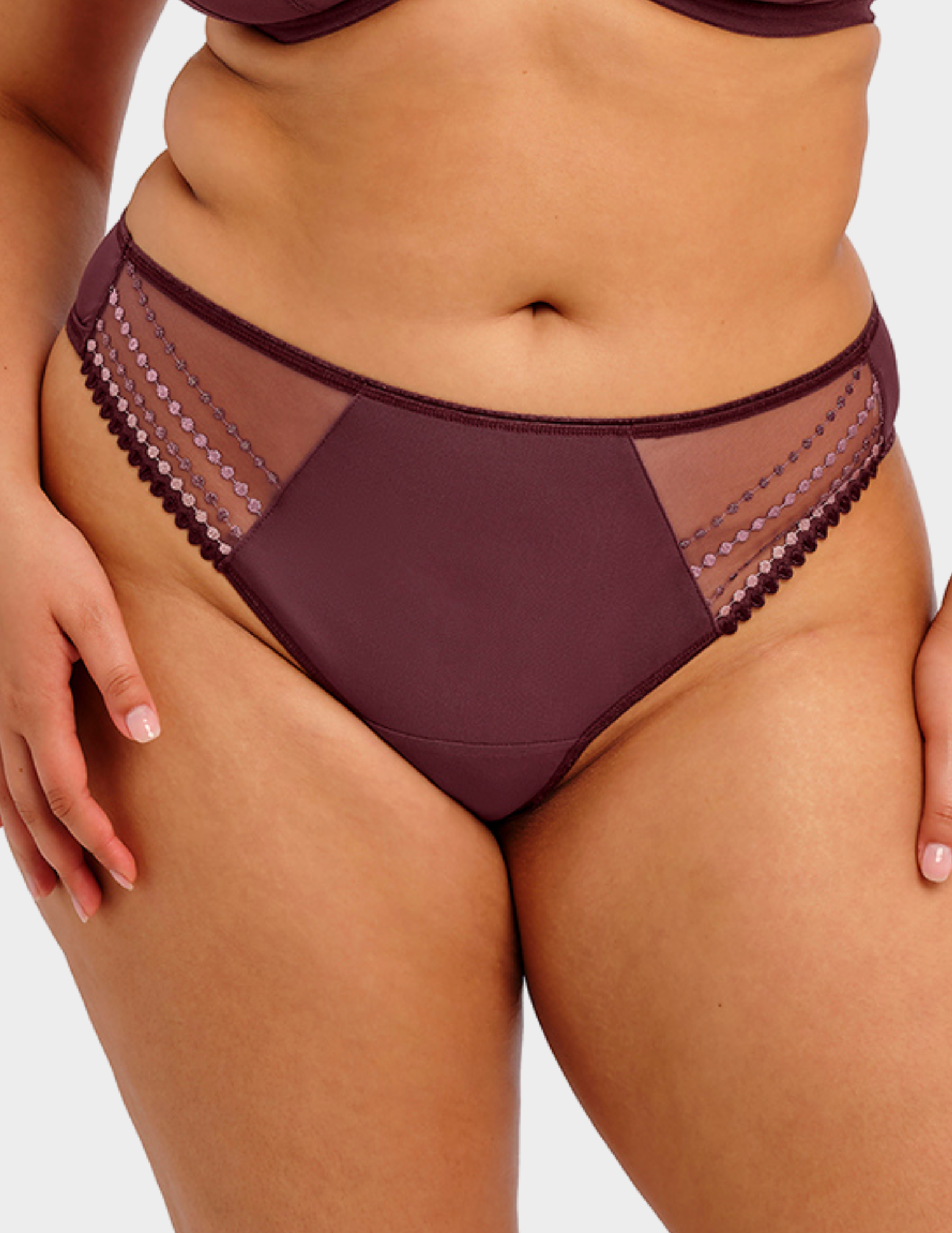 Front view of a model wearing Elomi Matilda thong in sugarplum