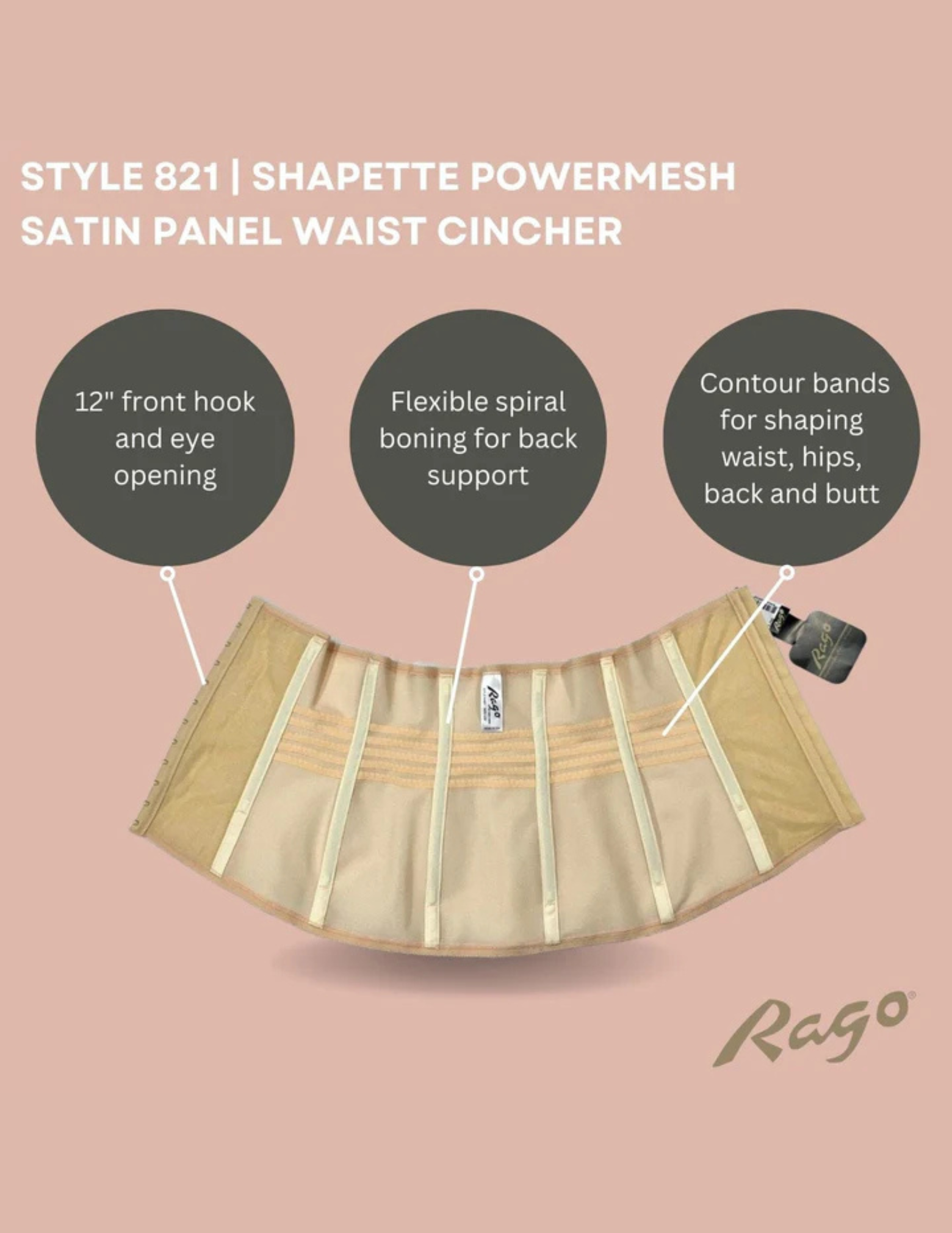 Inside view of RAGO Style 821 waist cincher in Beige with text describing features