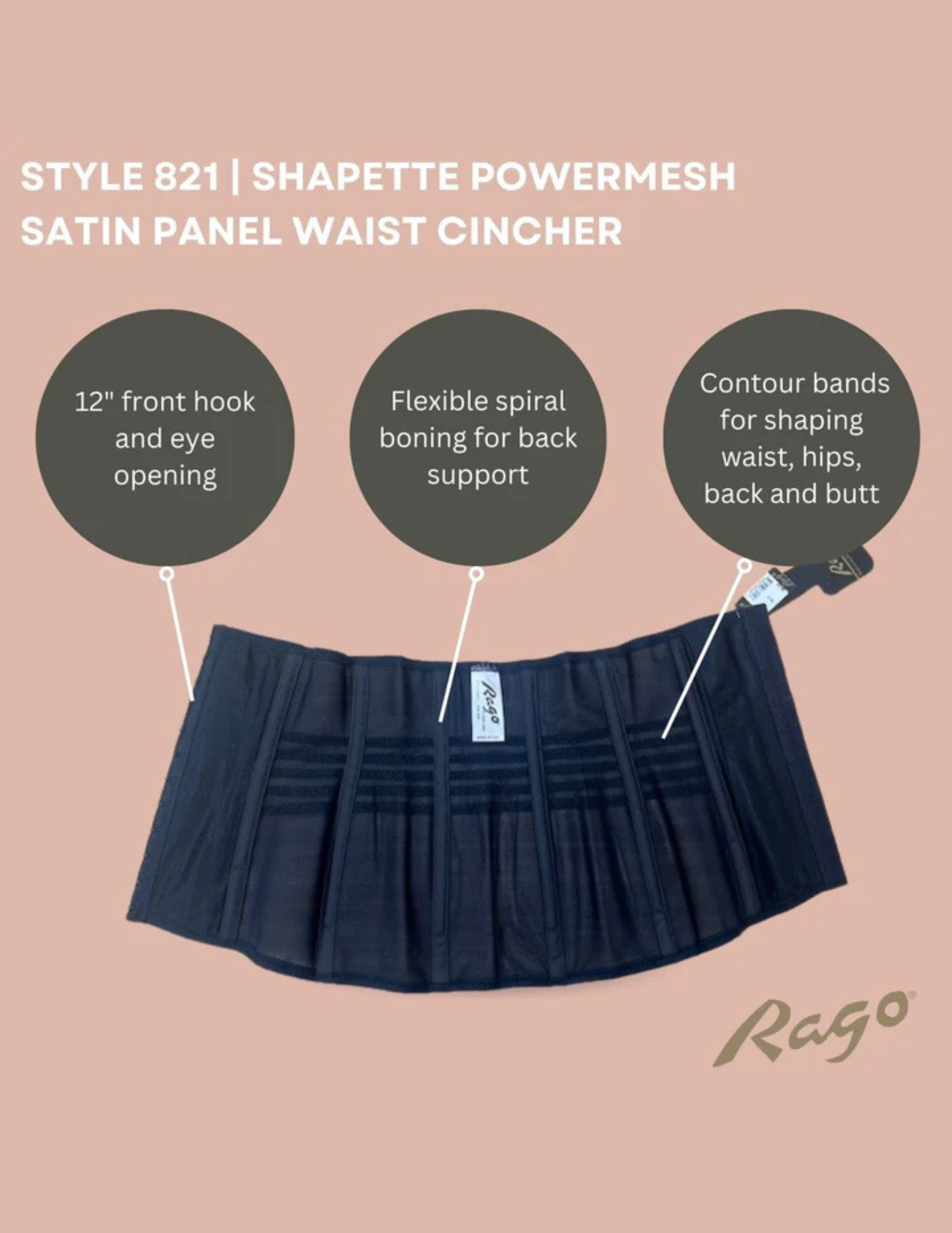 Inside view of RAGO Style 821 waist cincher in black with text describing features