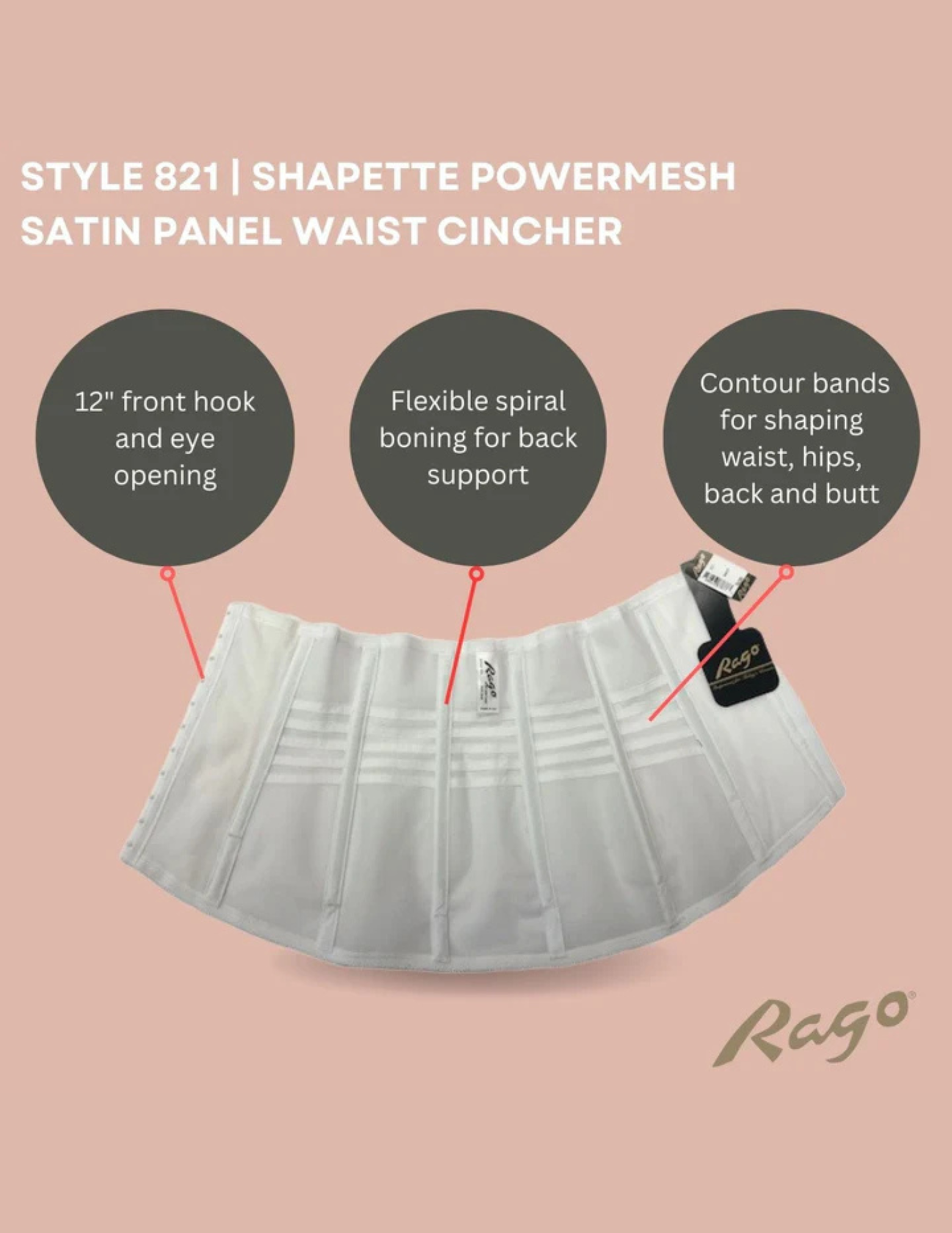 Inside view of RAGO Style 821 waist cincher in white with text describing features
