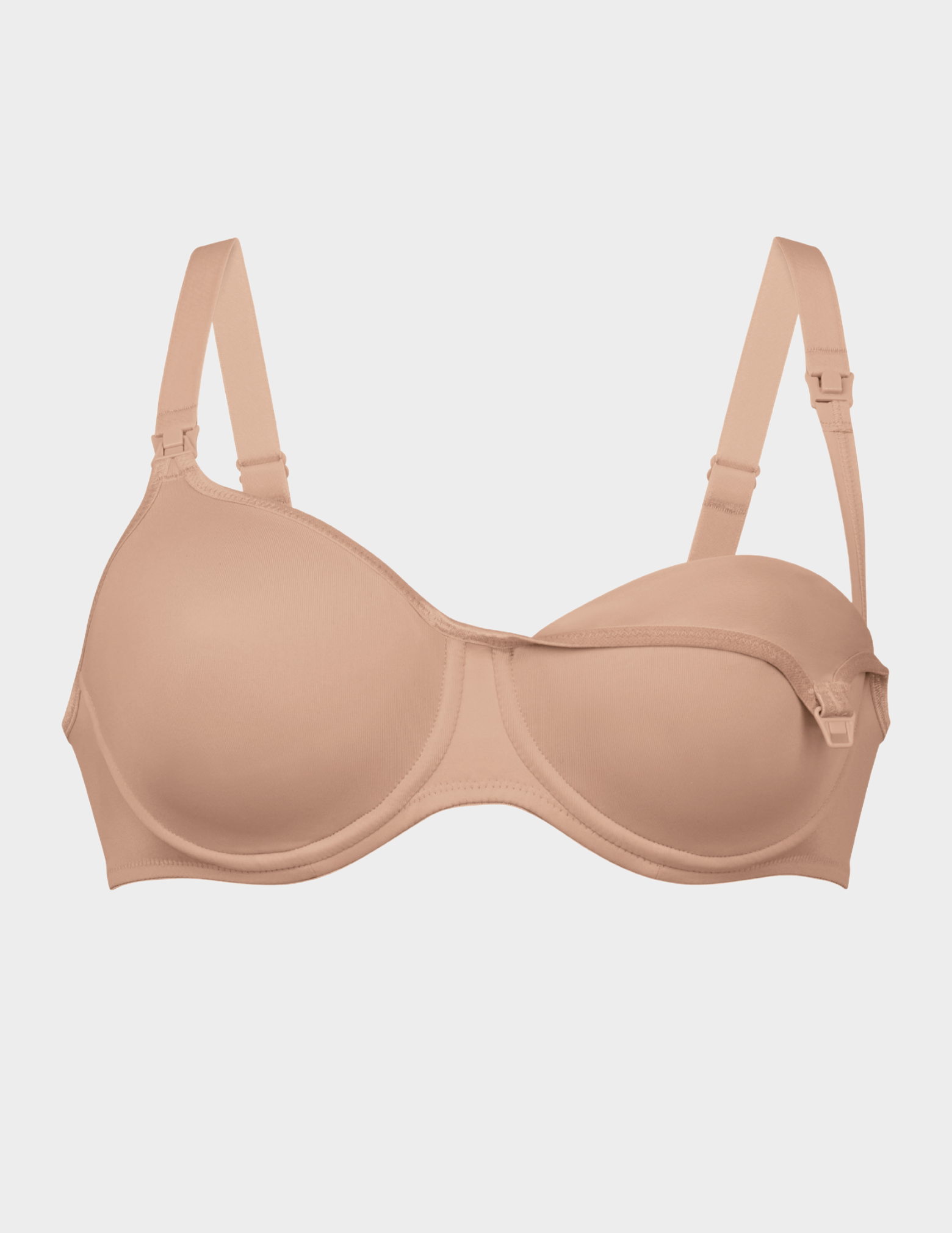 Front view of Anita Seamless nursing bra in color Deep Sand with cup unhooked