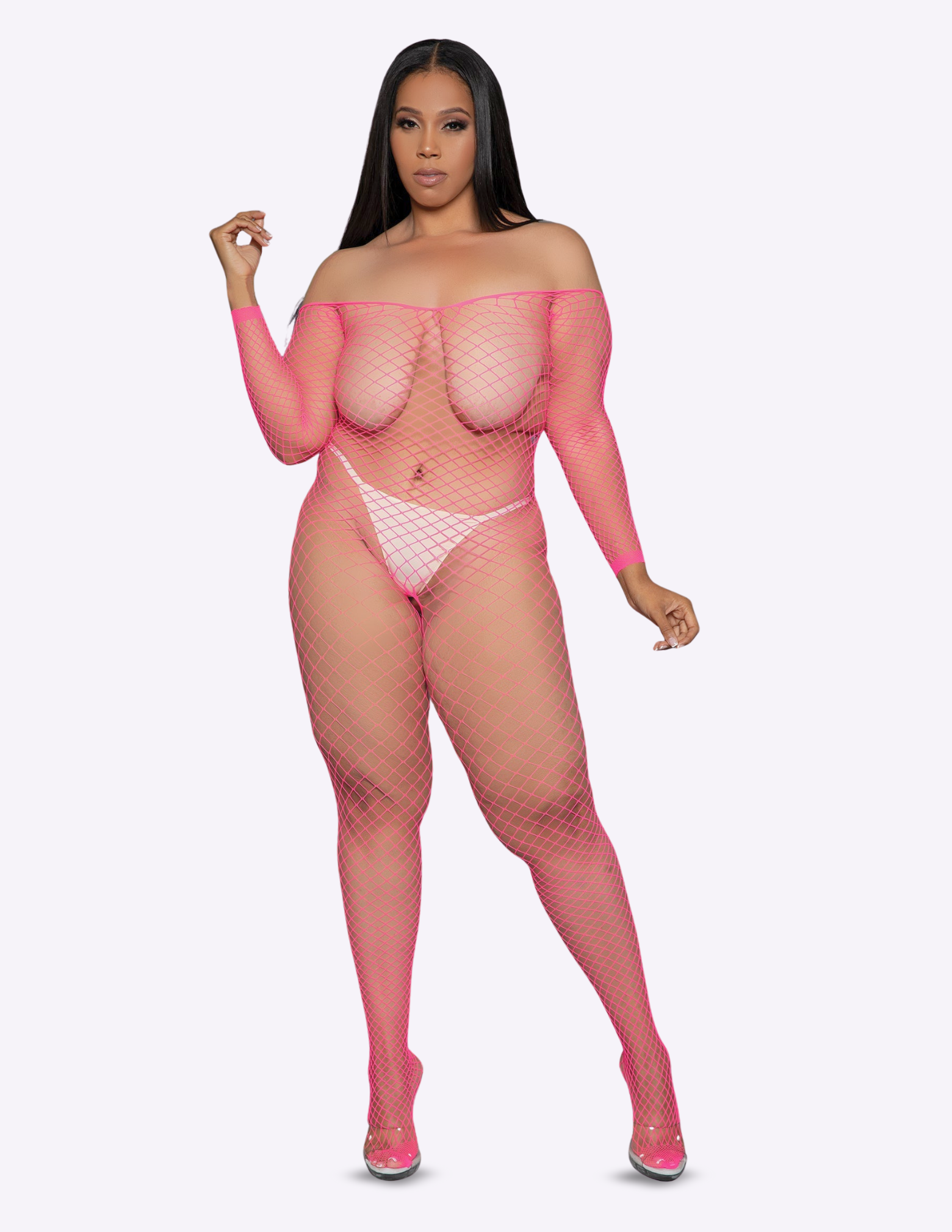 Model wearing a pink fishnet outfit on a white background