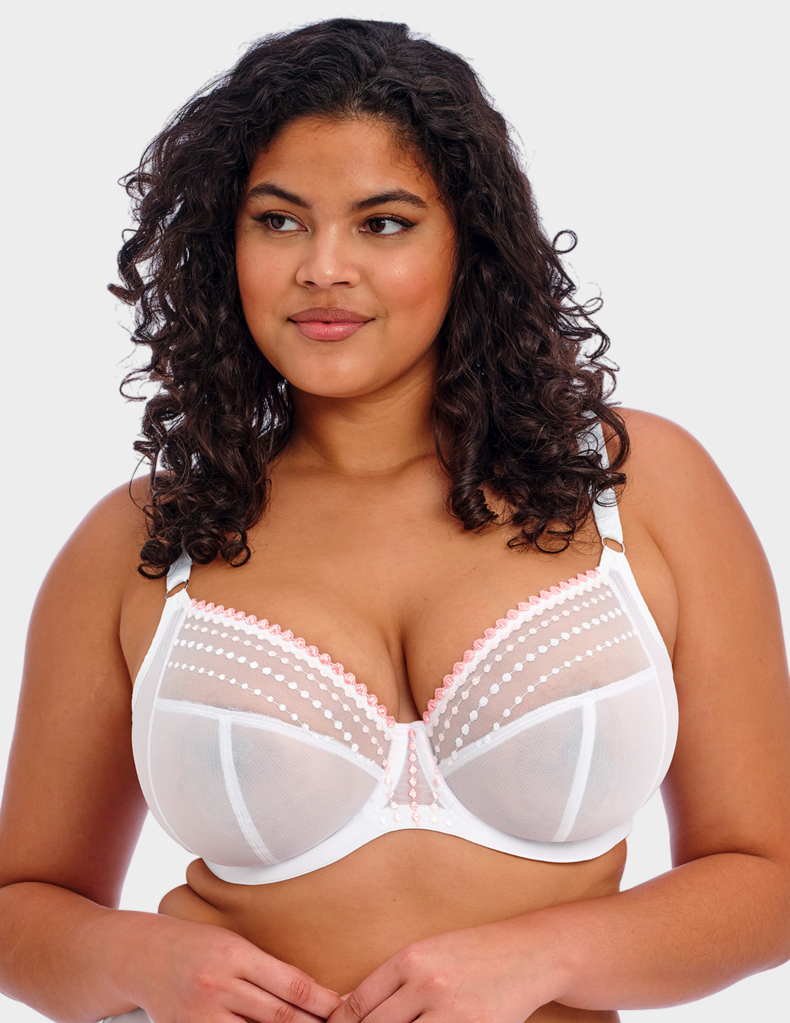 Front view of a model wearing Elomi Matilda plunge bra in white