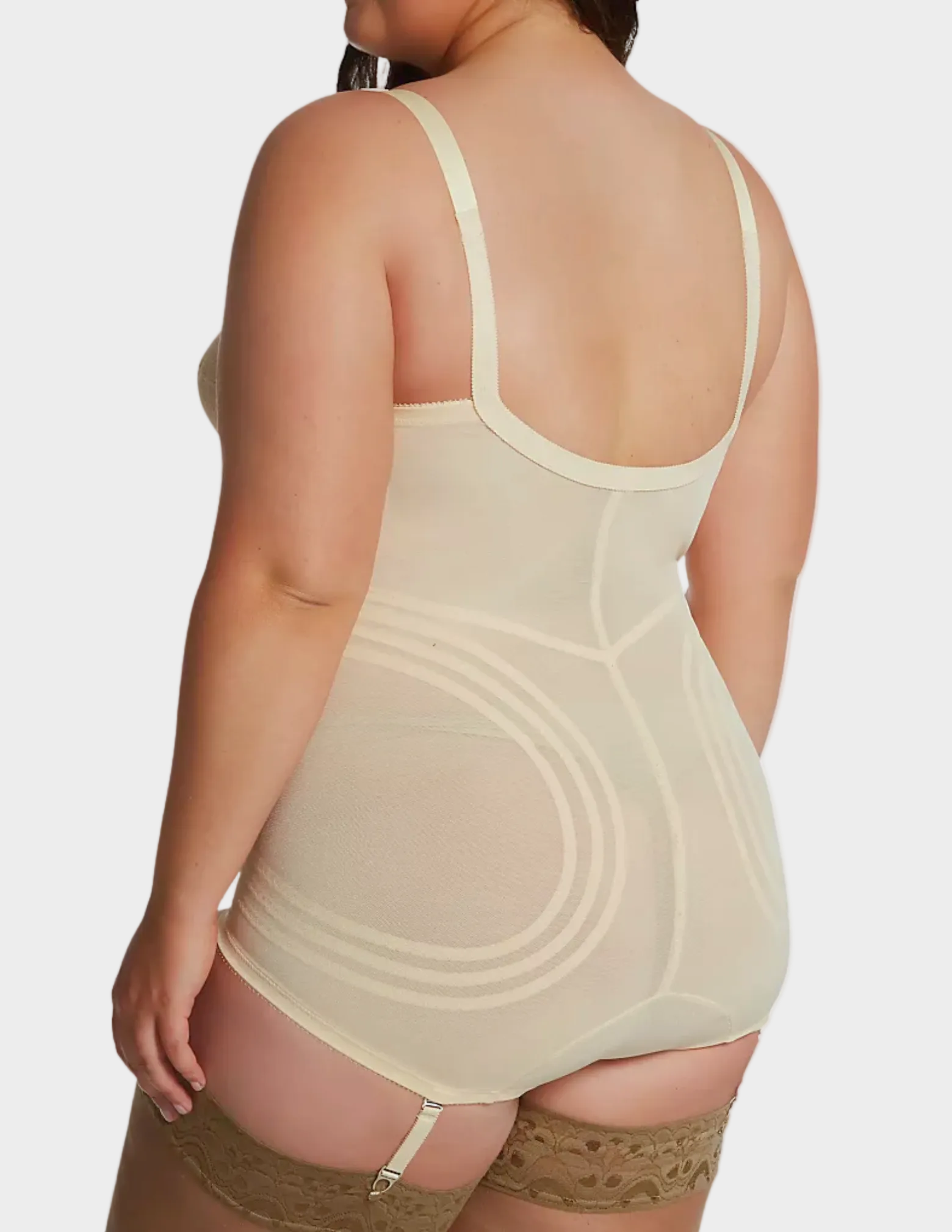 Back view of plus-size model wearing RAGO Style 9051 in Beige