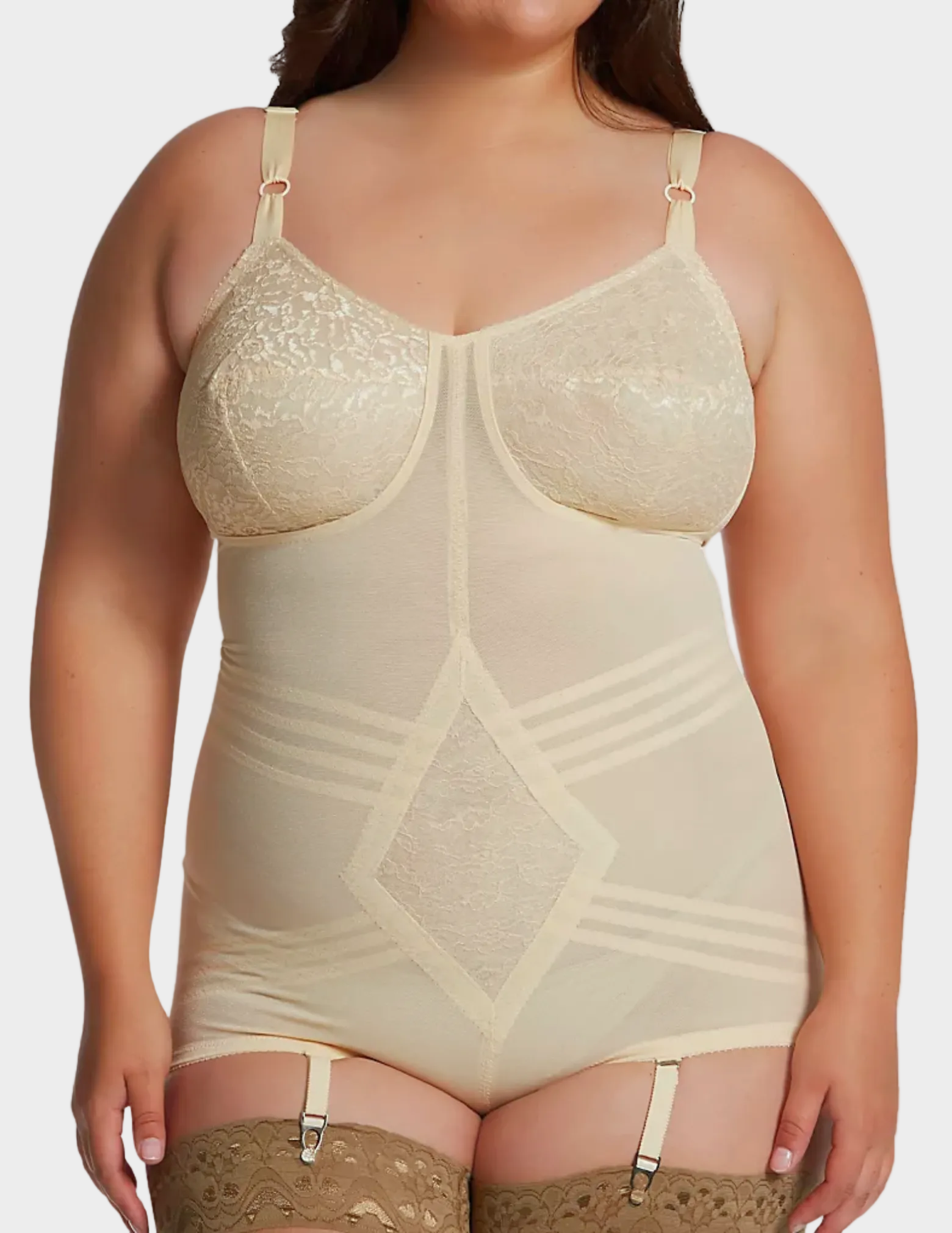 Front view of plus-size model wearing RAGO Style 9051 in Beige