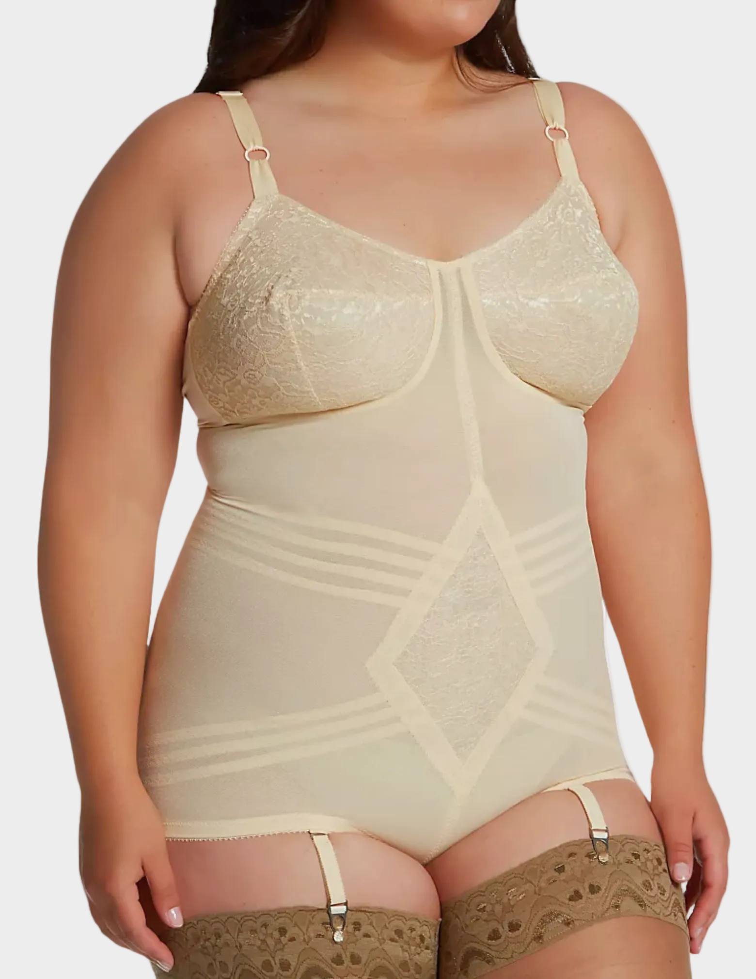 side view of plus-size model wearing RAGO Style 9051 in Beige